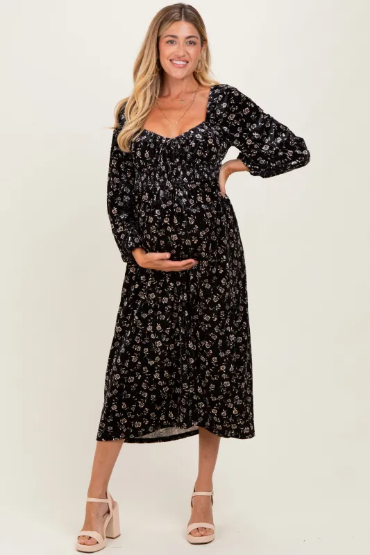 Black Floral Velvet Smocked Maternity Midi Dress sold by Pinkblush