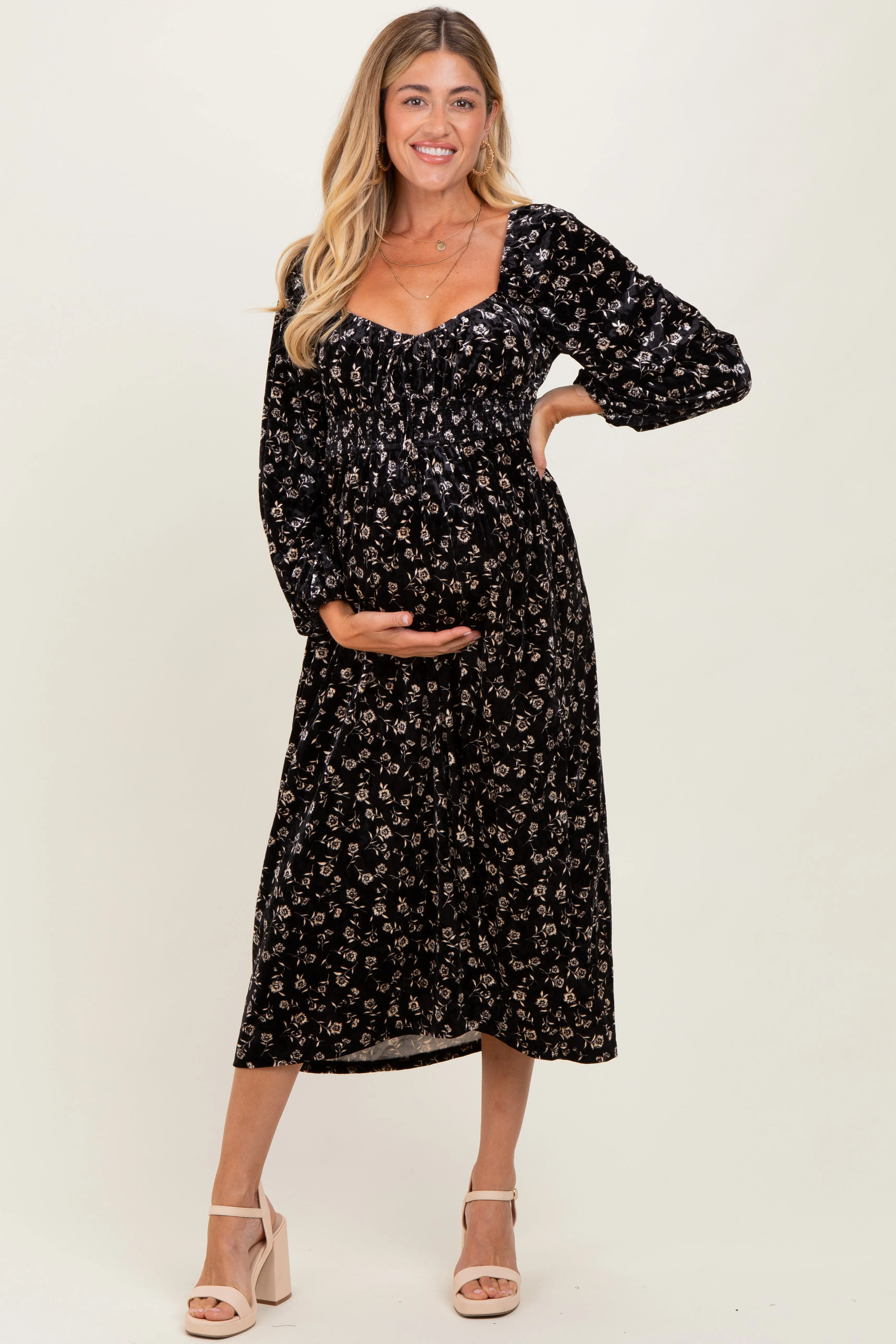 Black Floral Velvet Smocked Maternity Midi Dress sold by Pinkblush