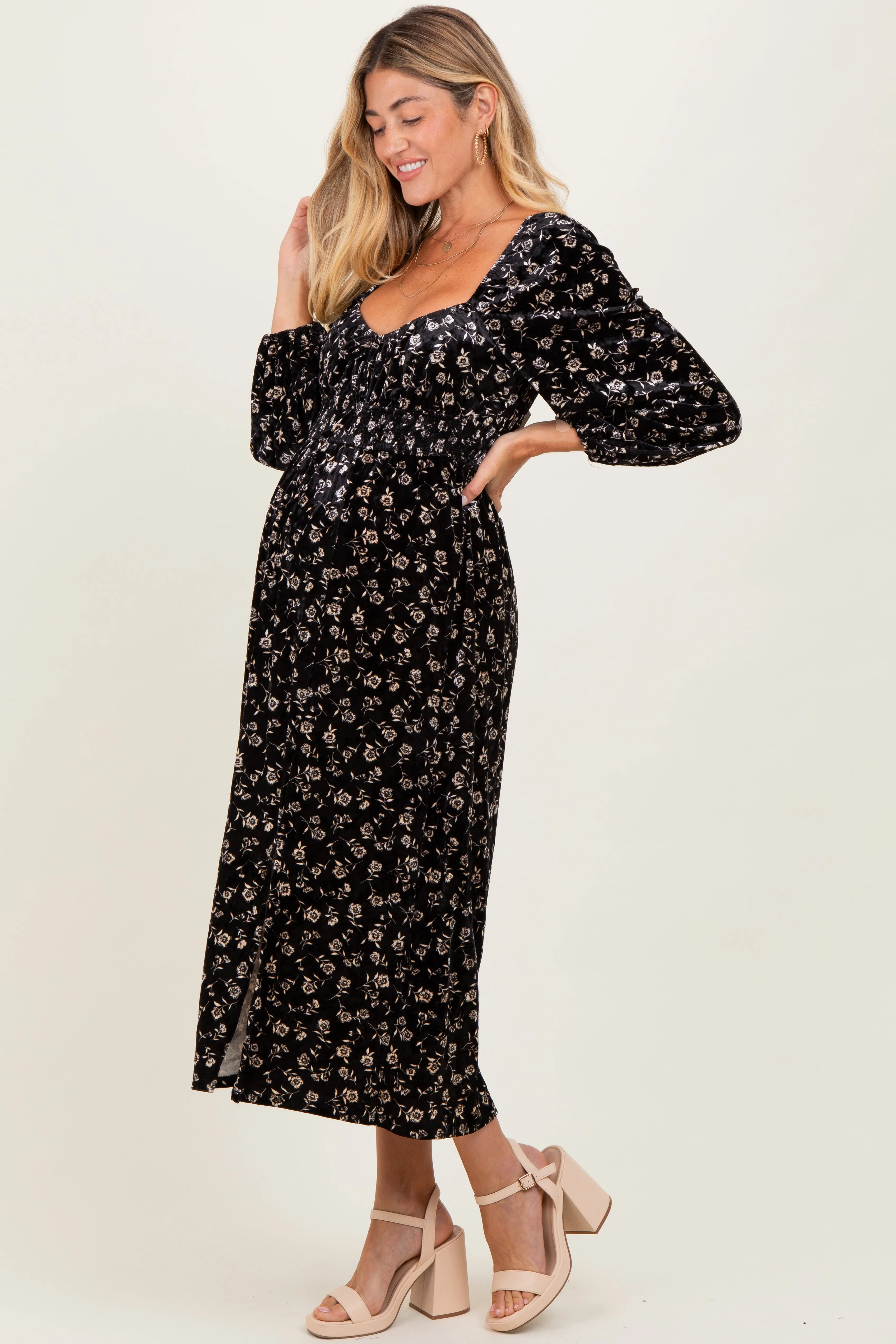 Black Floral Velvet Smocked Maternity Midi Dress sold by Pinkblush product image thumbnail 2