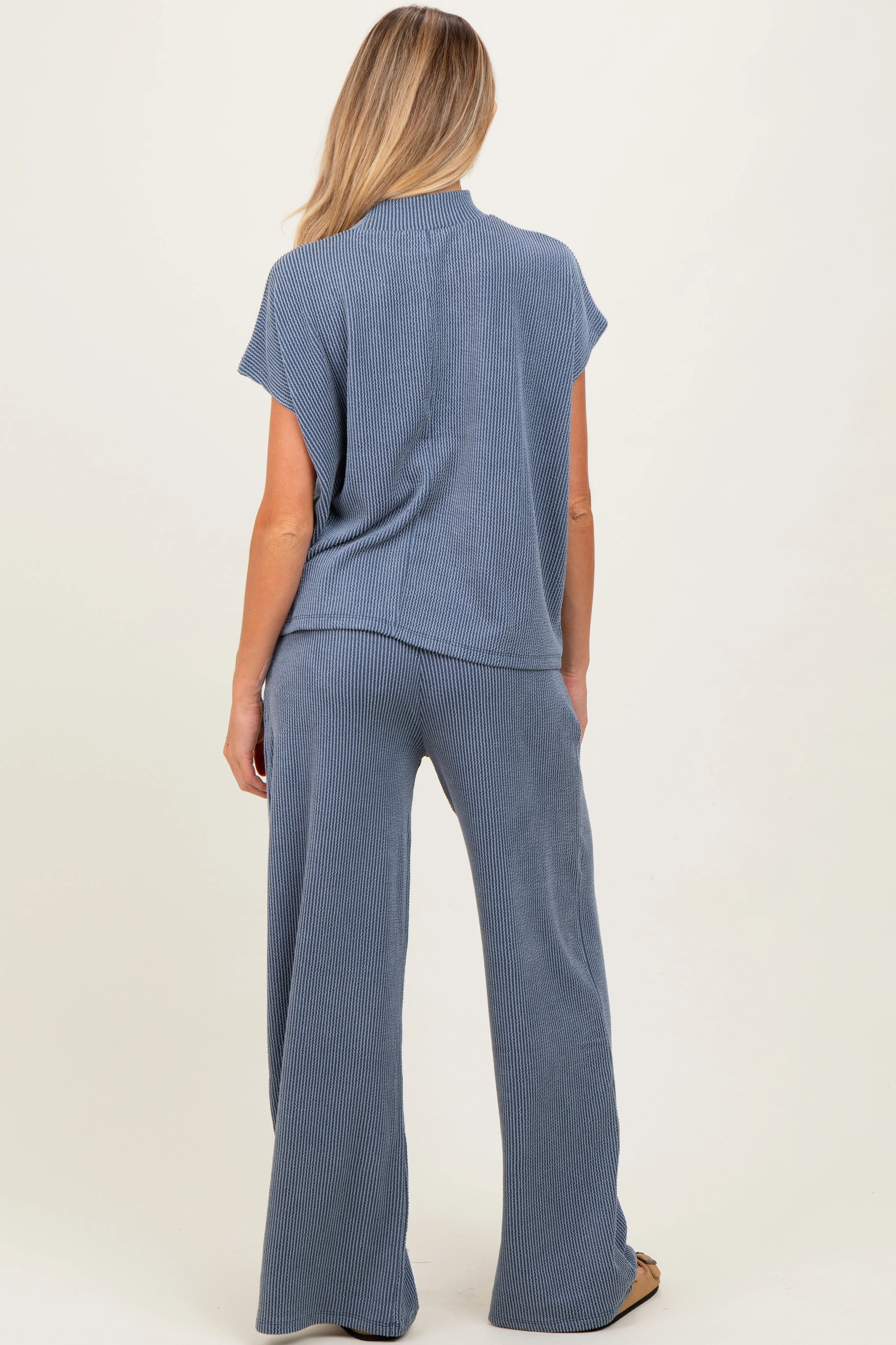 Blue Textured Rib Mock Neck Short Sleeve Pant Maternity Set sold by Pinkblush product image thumbnail 3