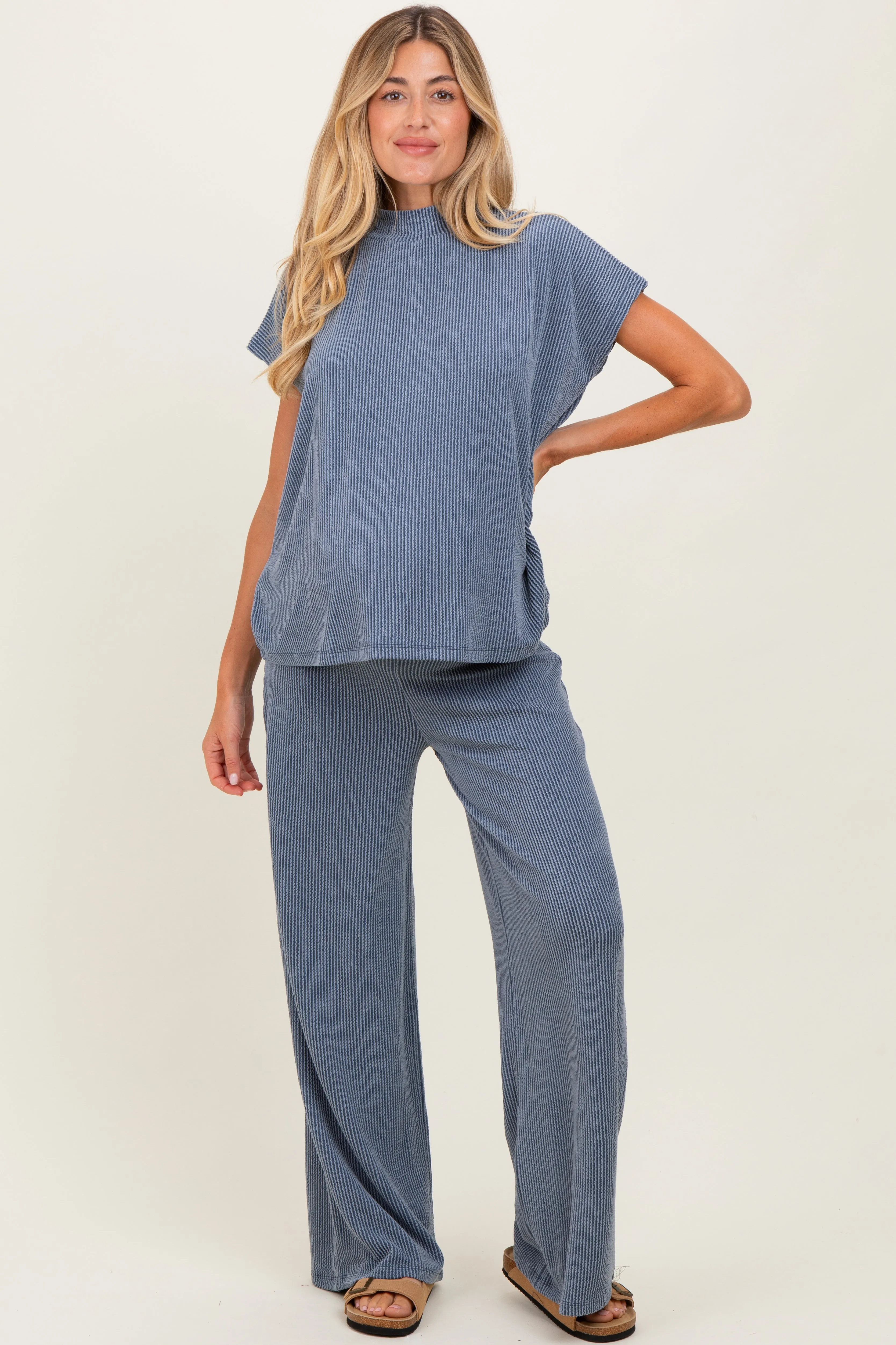 Blue Textured Rib Mock Neck Short Sleeve Pant Maternity Set sold by Pinkblush