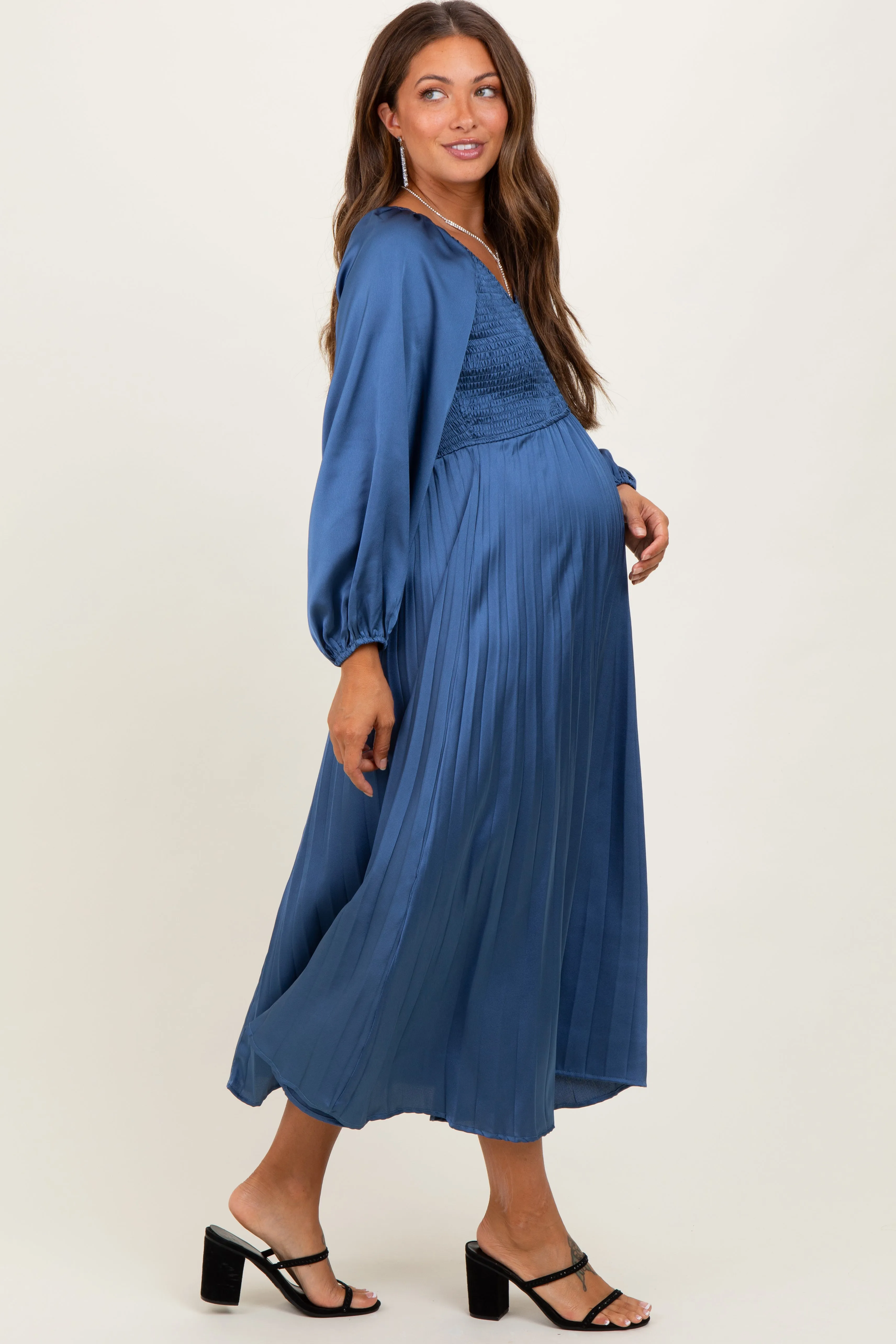Blue Satin Smocked Pleated Maternity Midi Dress sold by Pinkblush product image thumbnail 3