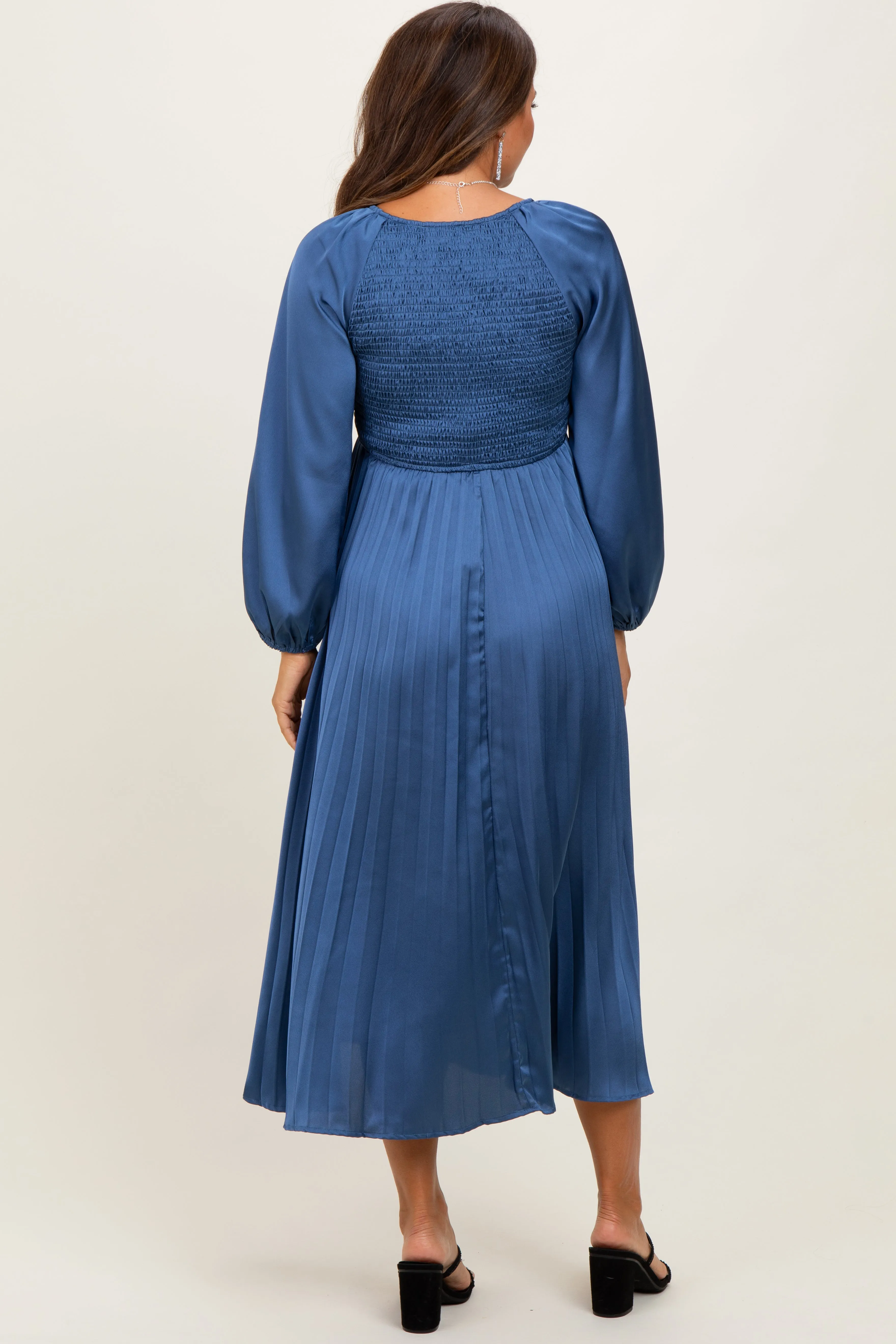 Blue Satin Smocked Pleated Maternity Midi Dress sold by Pinkblush product image thumbnail 4