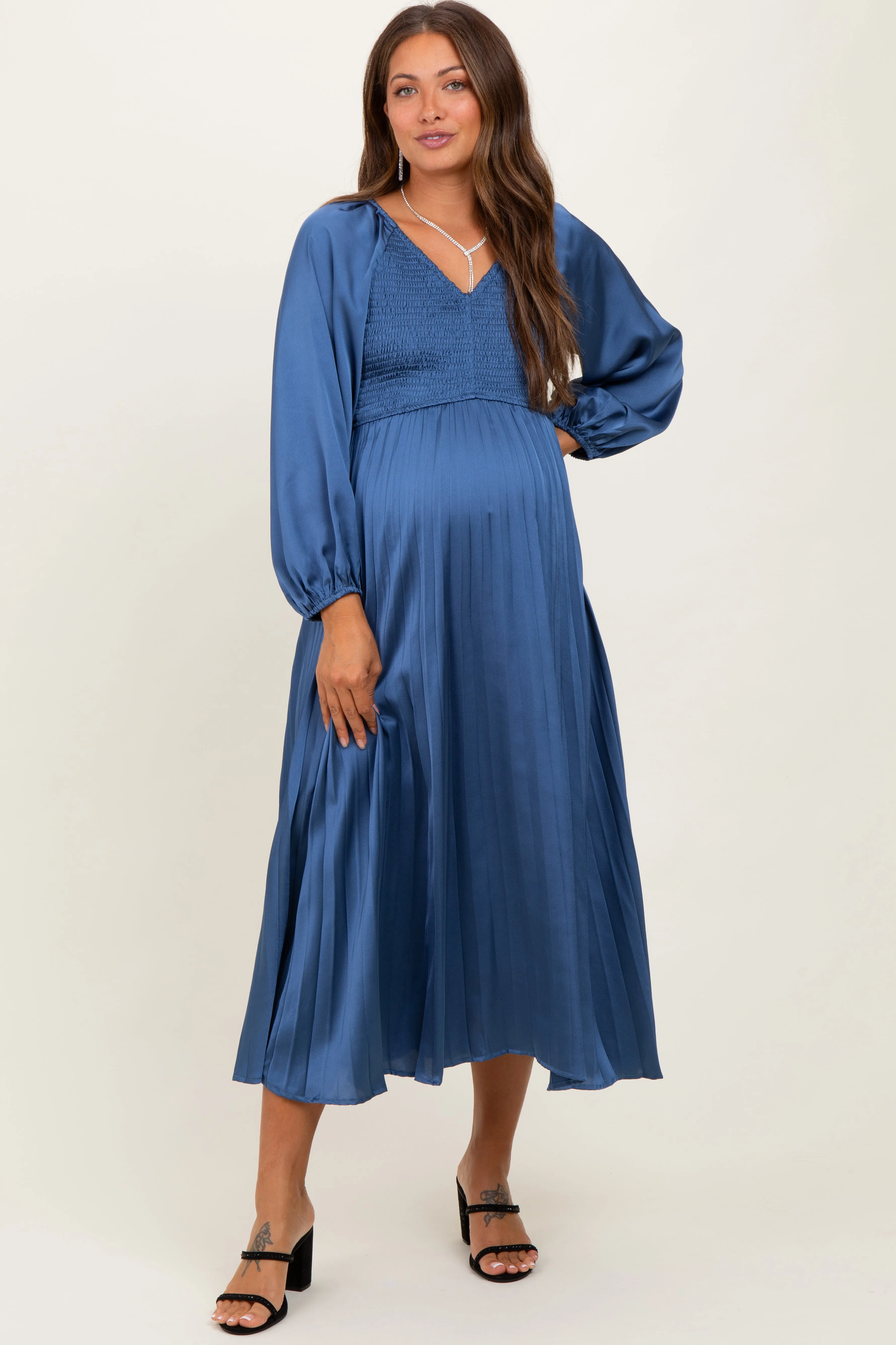 Blue Satin Smocked Pleated Maternity Midi Dress sold by Pinkblush