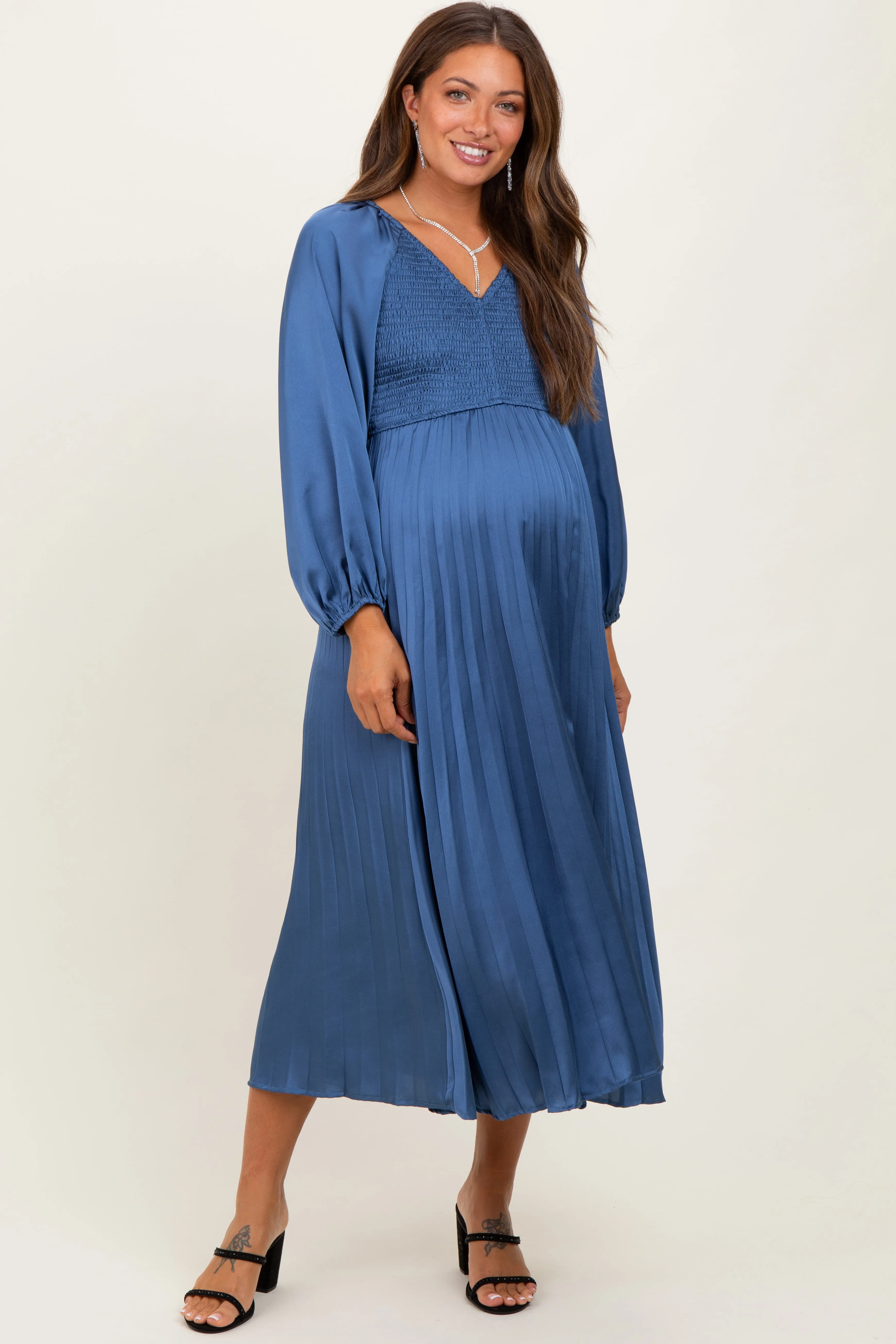 Blue Satin Smocked Pleated Maternity Midi Dress sold by Pinkblush product image thumbnail 2