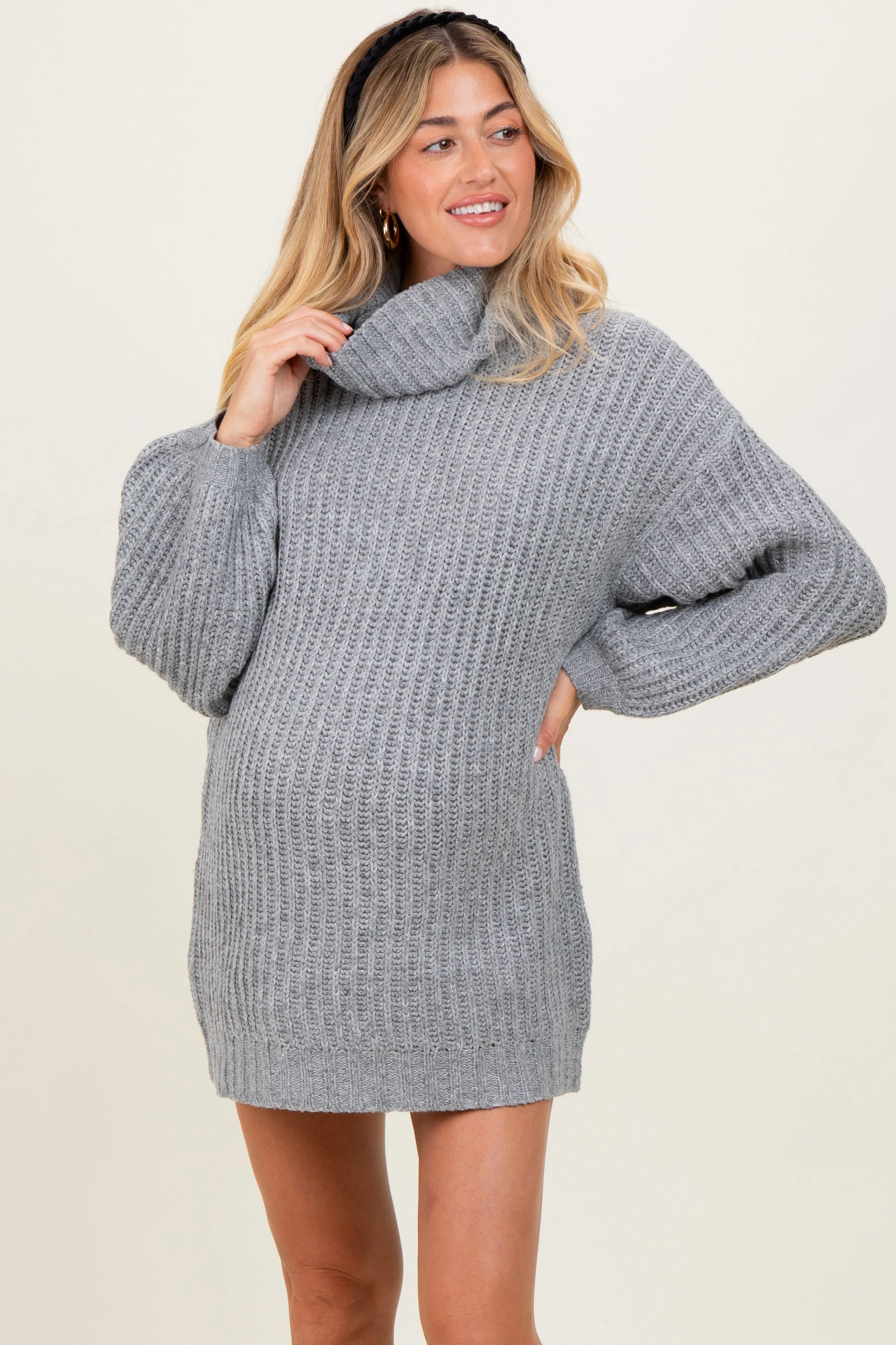 Grey Turtleneck Puff Sleeve Maternity Sweater Dress sold by Pinkblush product image thumbnail 2