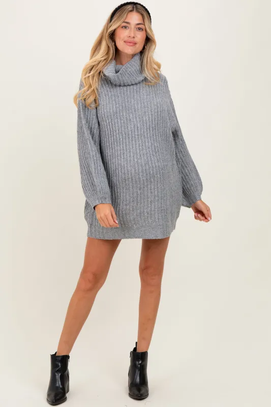 Grey Turtleneck Puff Sleeve Maternity Sweater Dress sold by Pinkblush