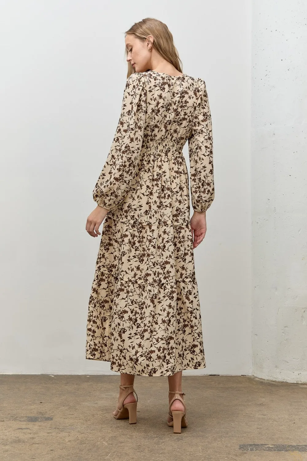 Cream Floral Smocked Waist Long Sleeve Midi Dress sold by Pinkblush product image thumbnail 3