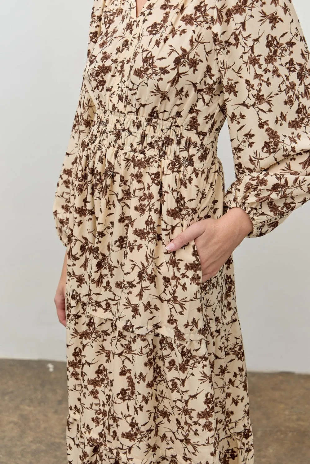 Cream Floral Smocked Waist Long Sleeve Midi Dress sold by Pinkblush product image thumbnail 4