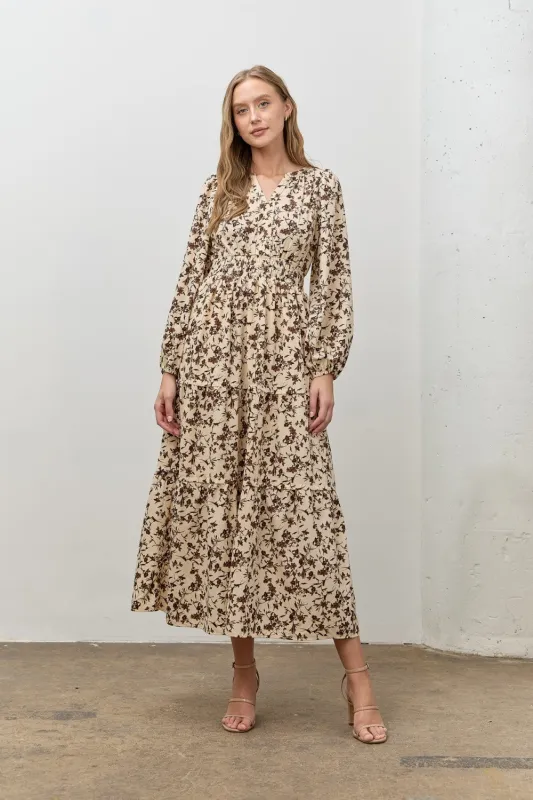 Cream Floral Smocked Waist Long Sleeve Midi Dress sold by Pinkblush