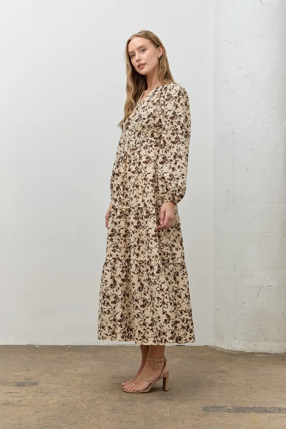 Cream Floral Smocked Waist Long Sleeve Midi Dress sold by Pinkblush product image thumbnail 2