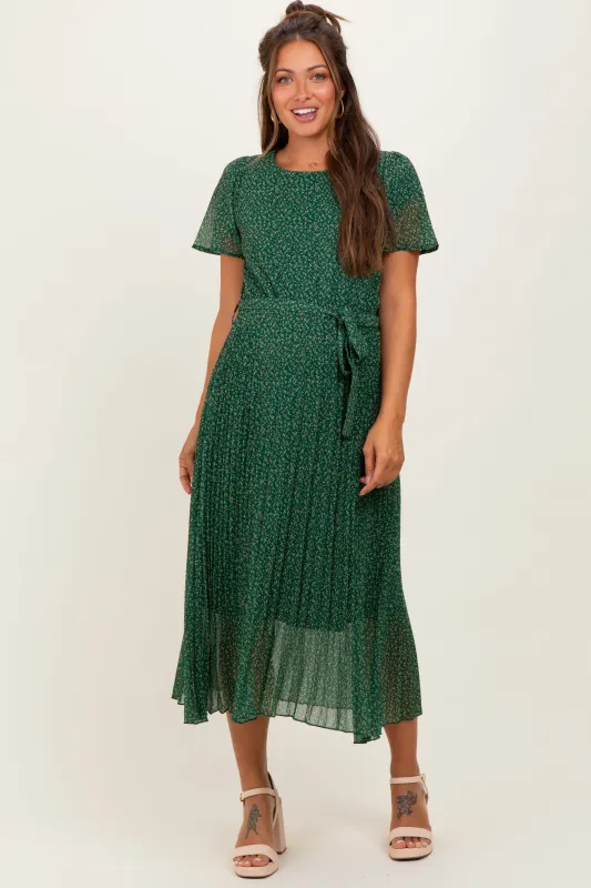Forest Green Leaf Print Pleated Maternity Midi Dress sold by Pinkblush