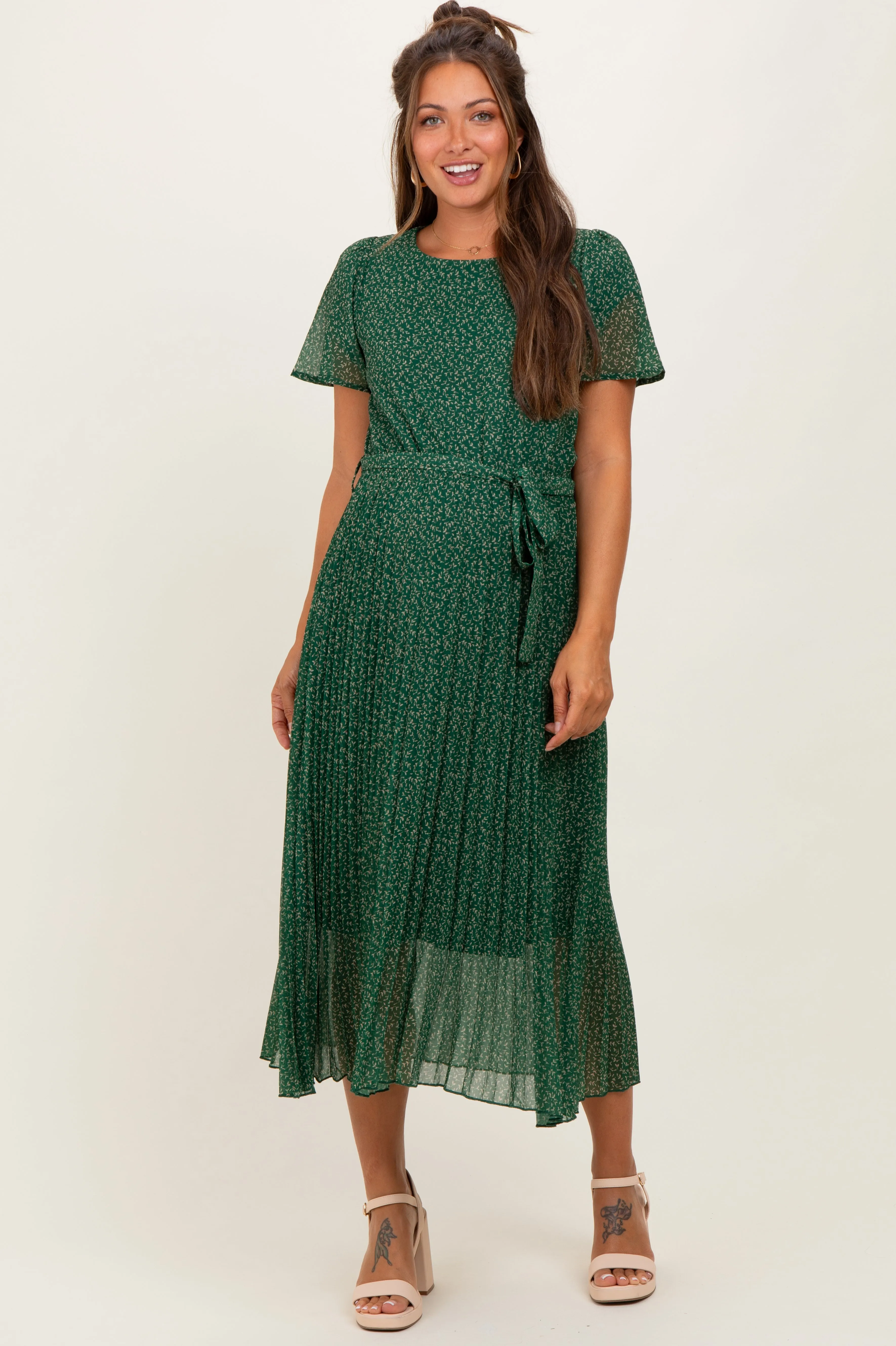 Forest Green Leaf Print Pleated Maternity Midi Dress sold by Pinkblush