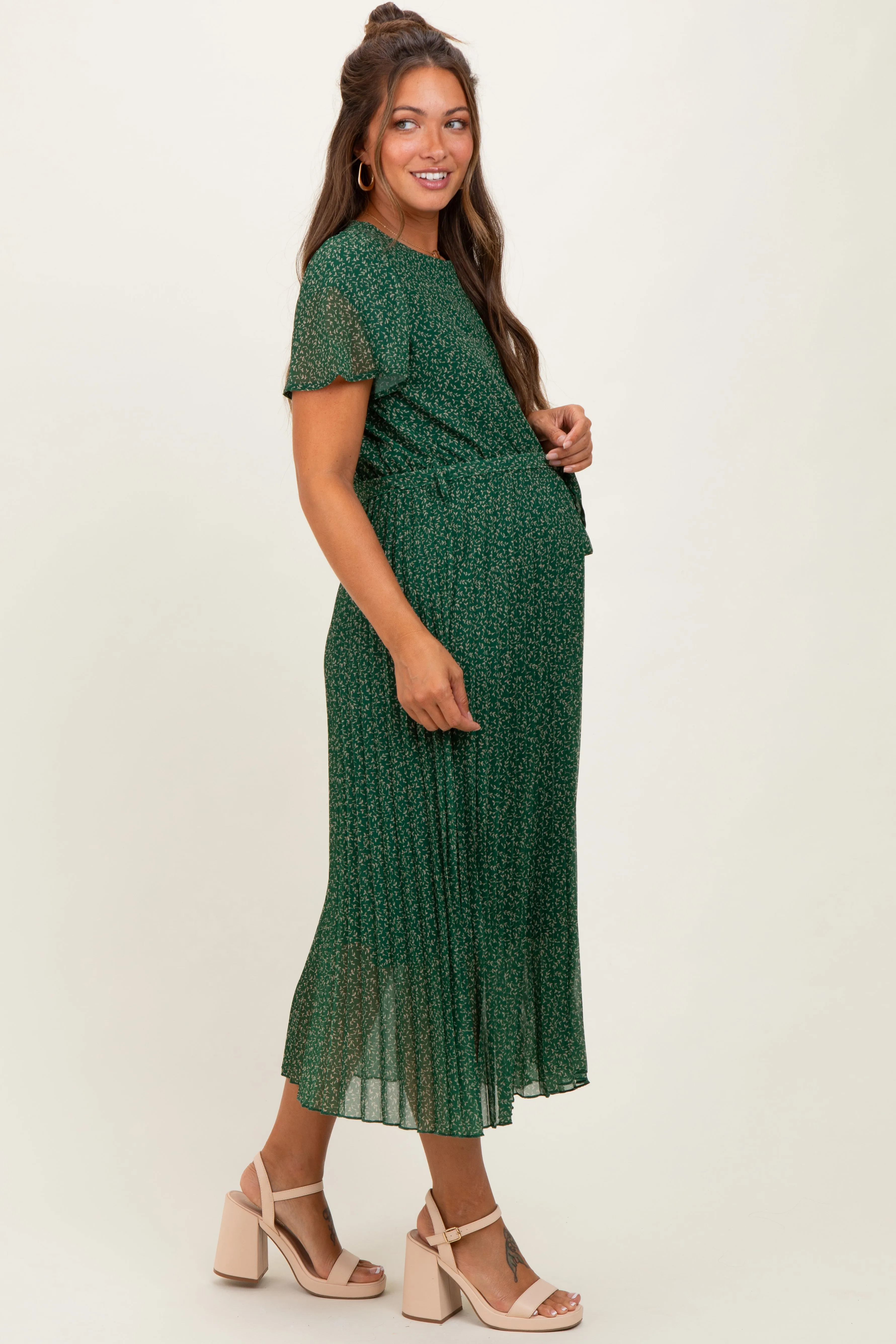 Forest Green Leaf Print Pleated Maternity Midi Dress sold by Pinkblush product image thumbnail 2