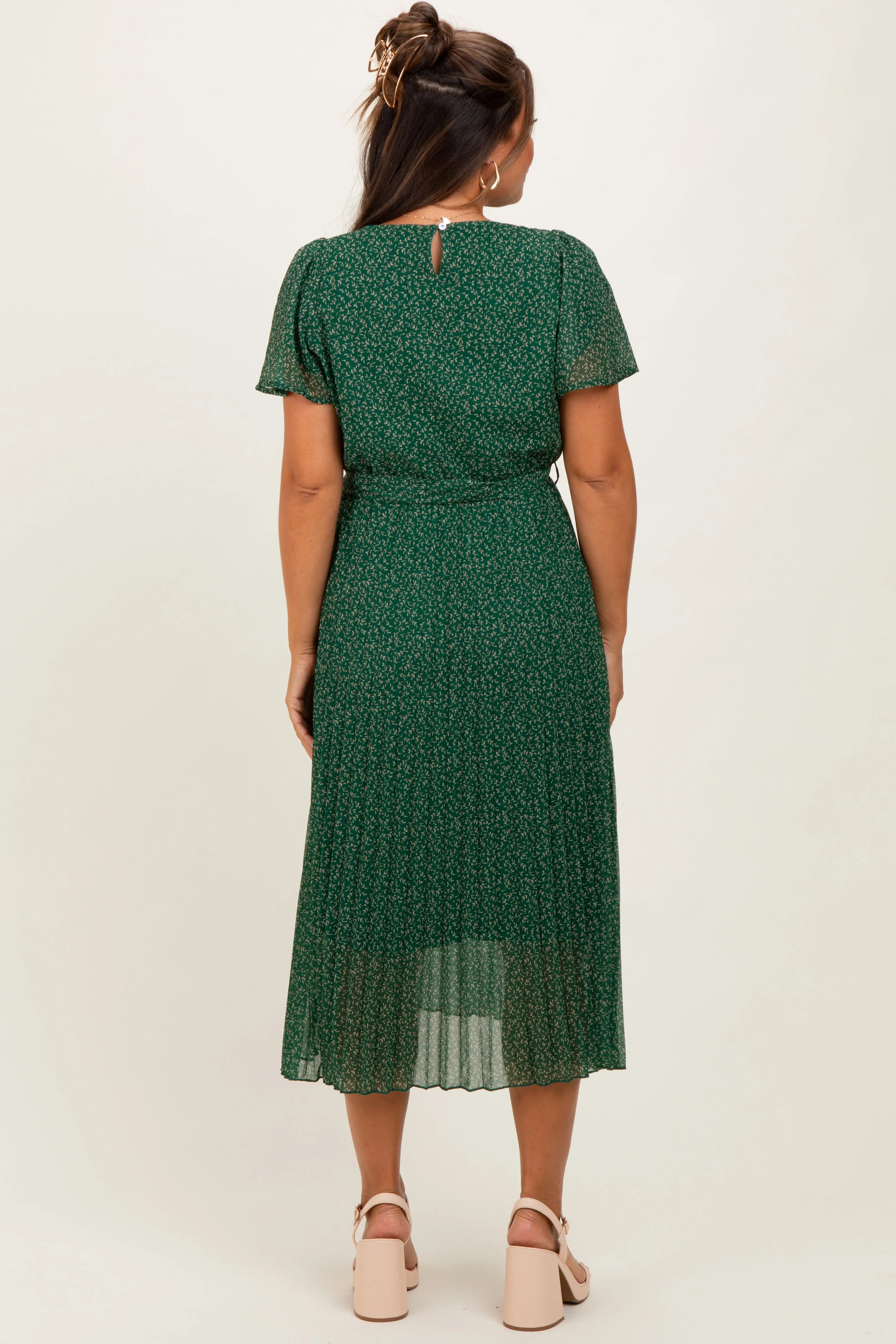 Forest Green Leaf Print Pleated Maternity Midi Dress sold by Pinkblush product image thumbnail 3