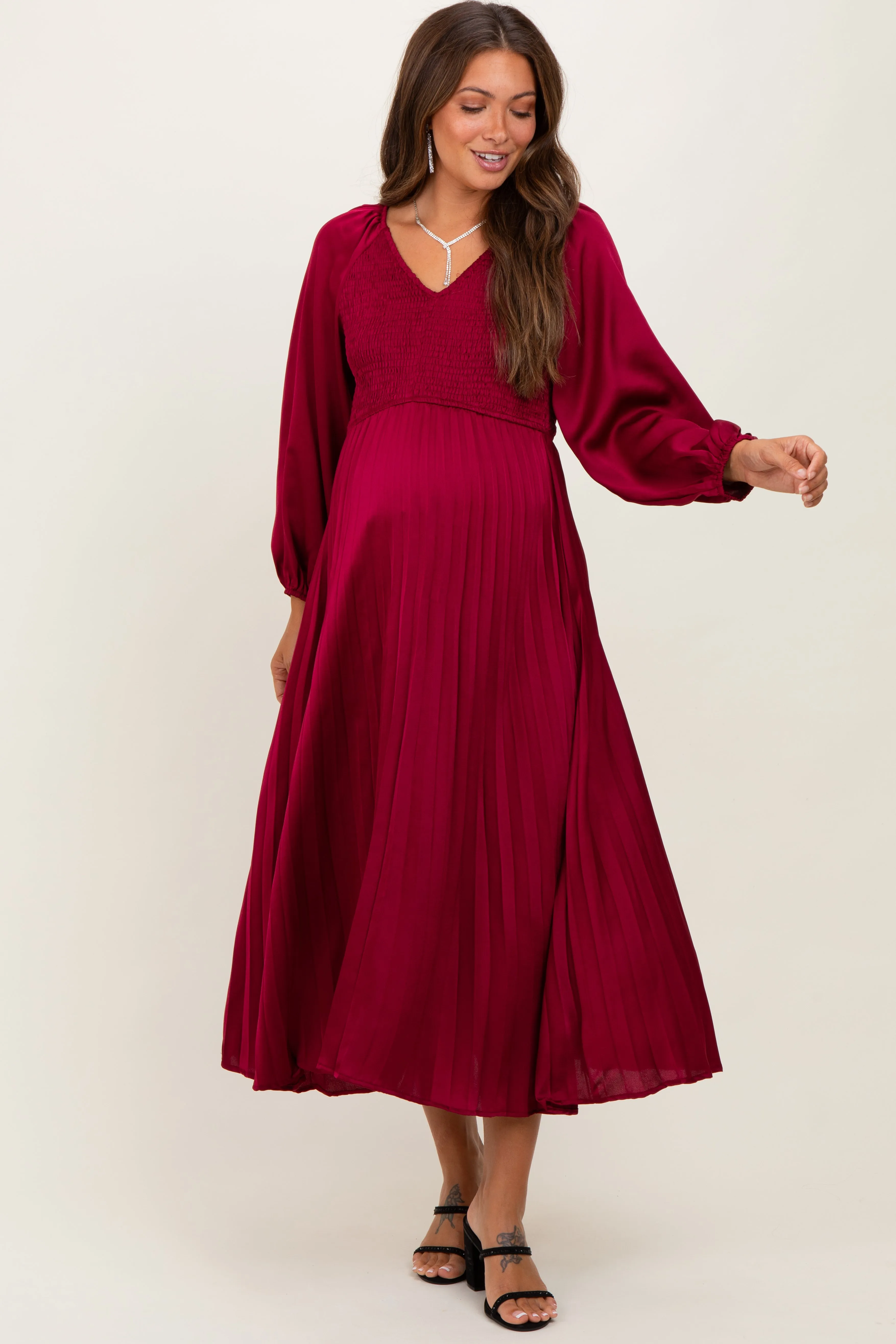 Burgundy Satin Smocked Pleated Maternity Midi Dress sold by Pinkblush product image thumbnail 2