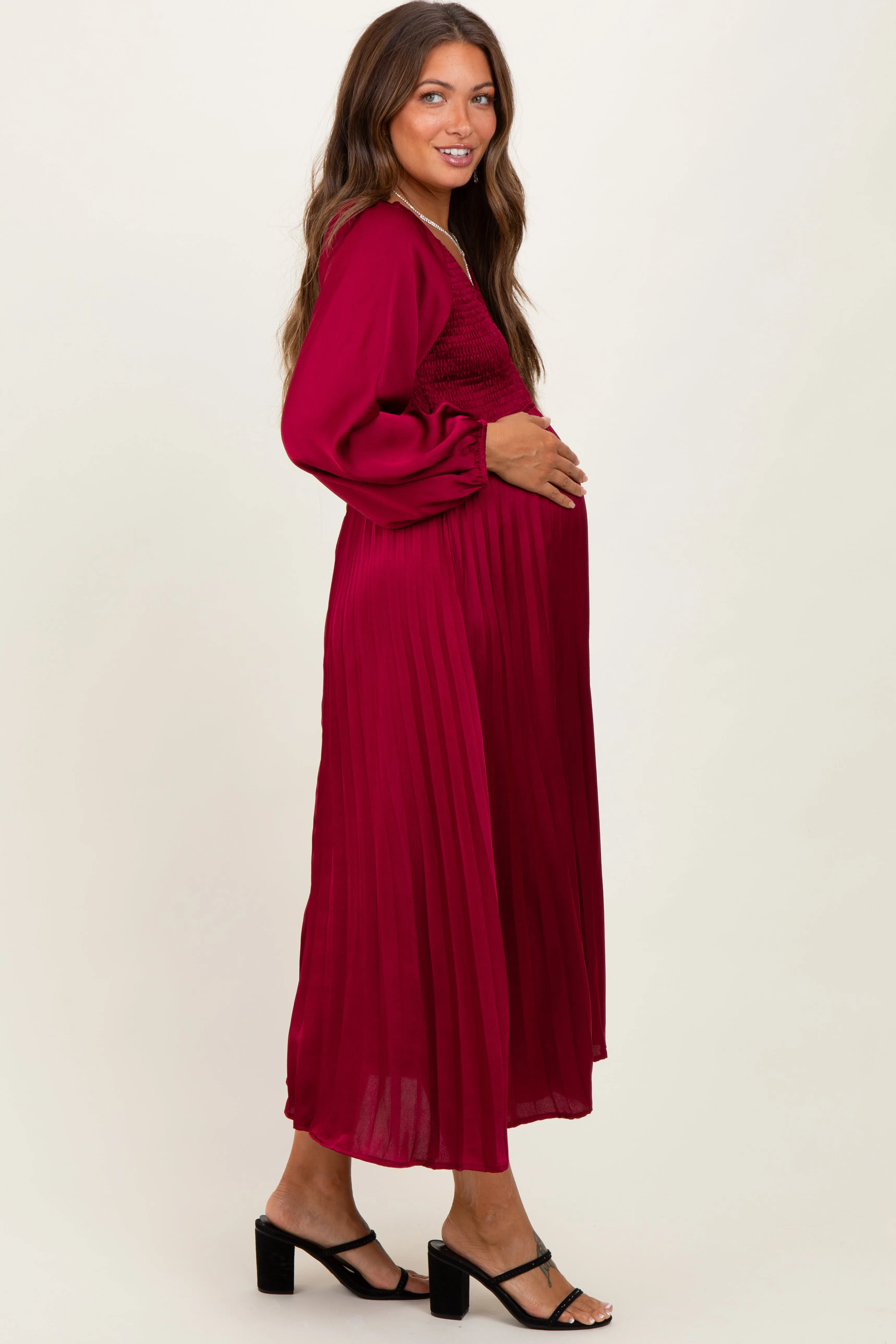 Burgundy Satin Smocked Pleated Maternity Midi Dress sold by Pinkblush product image thumbnail 3