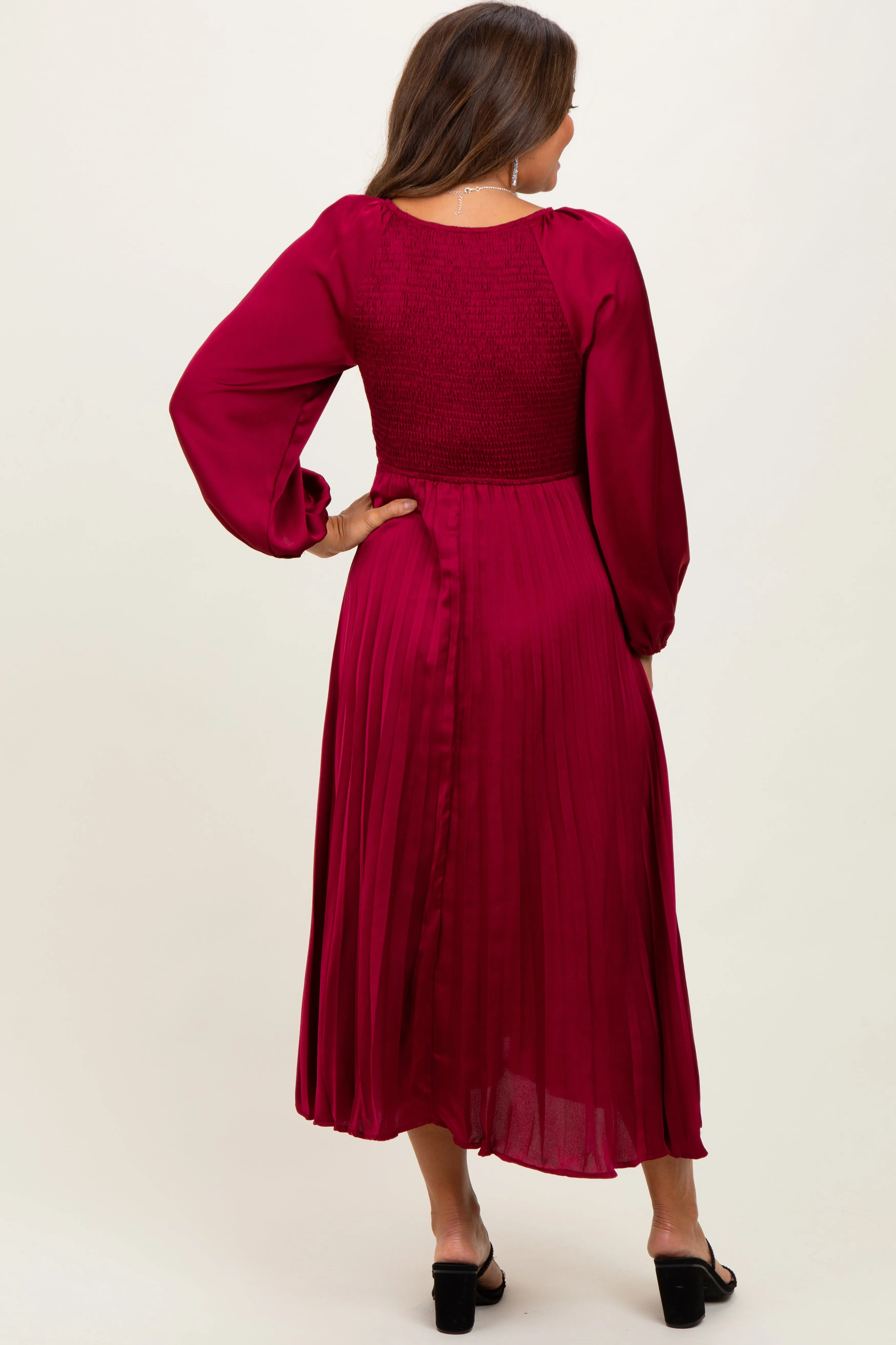 Burgundy Satin Smocked Pleated Maternity Midi Dress sold by Pinkblush product image thumbnail 4