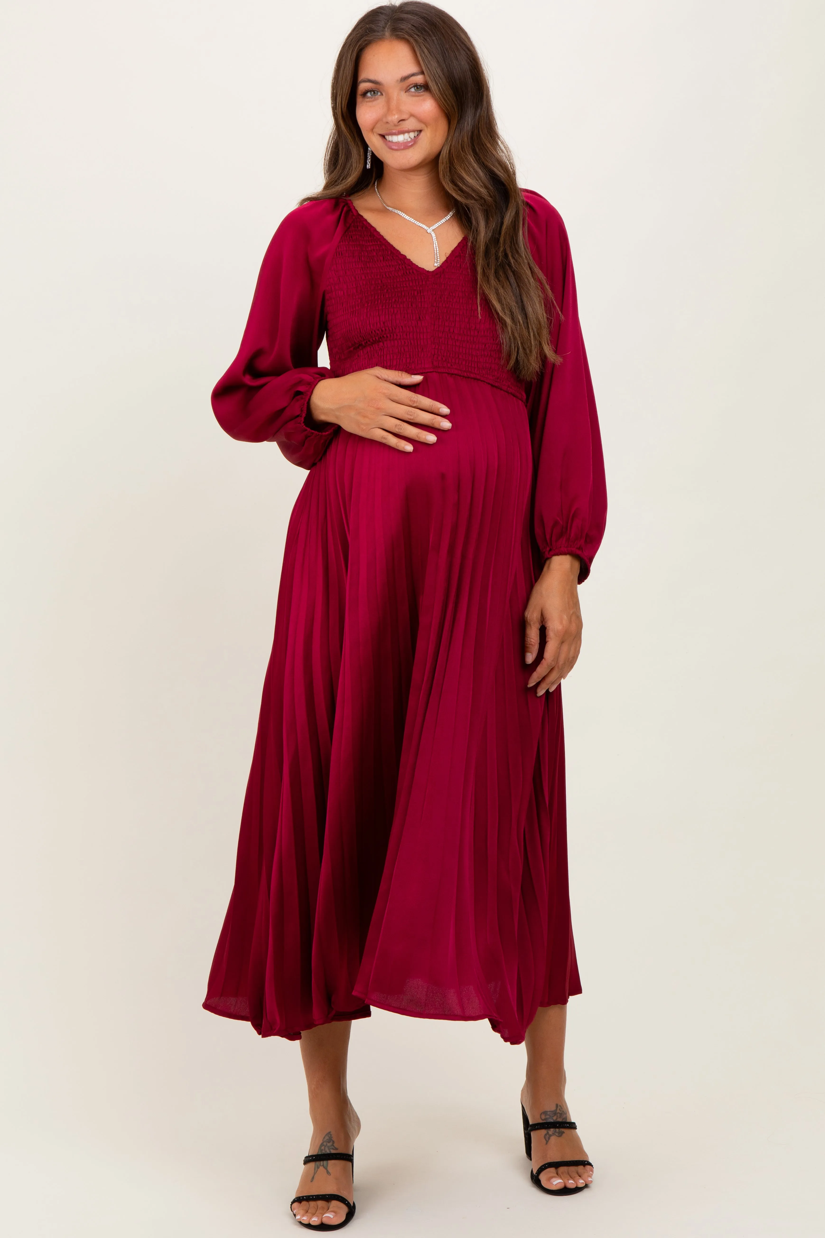Burgundy Satin Smocked Pleated Maternity Midi Dress sold by Pinkblush