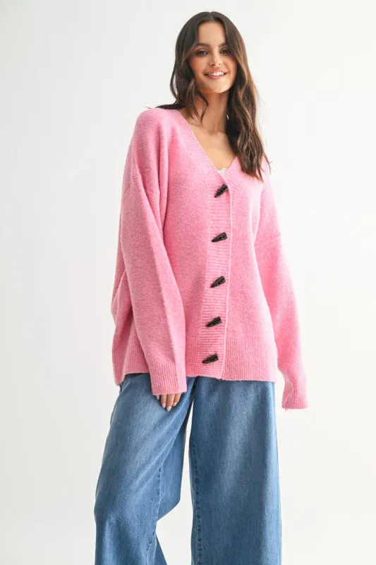 Pink Oversized Toggle Button Cardigan sold by Pinkblush