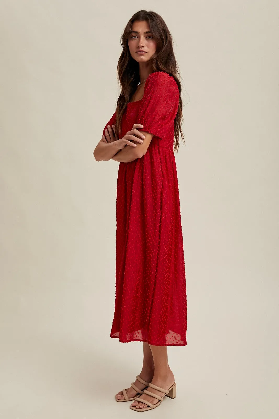 Red Swiss Dot Puff Sleeve Midi Dress sold by Pinkblush product image thumbnail 2