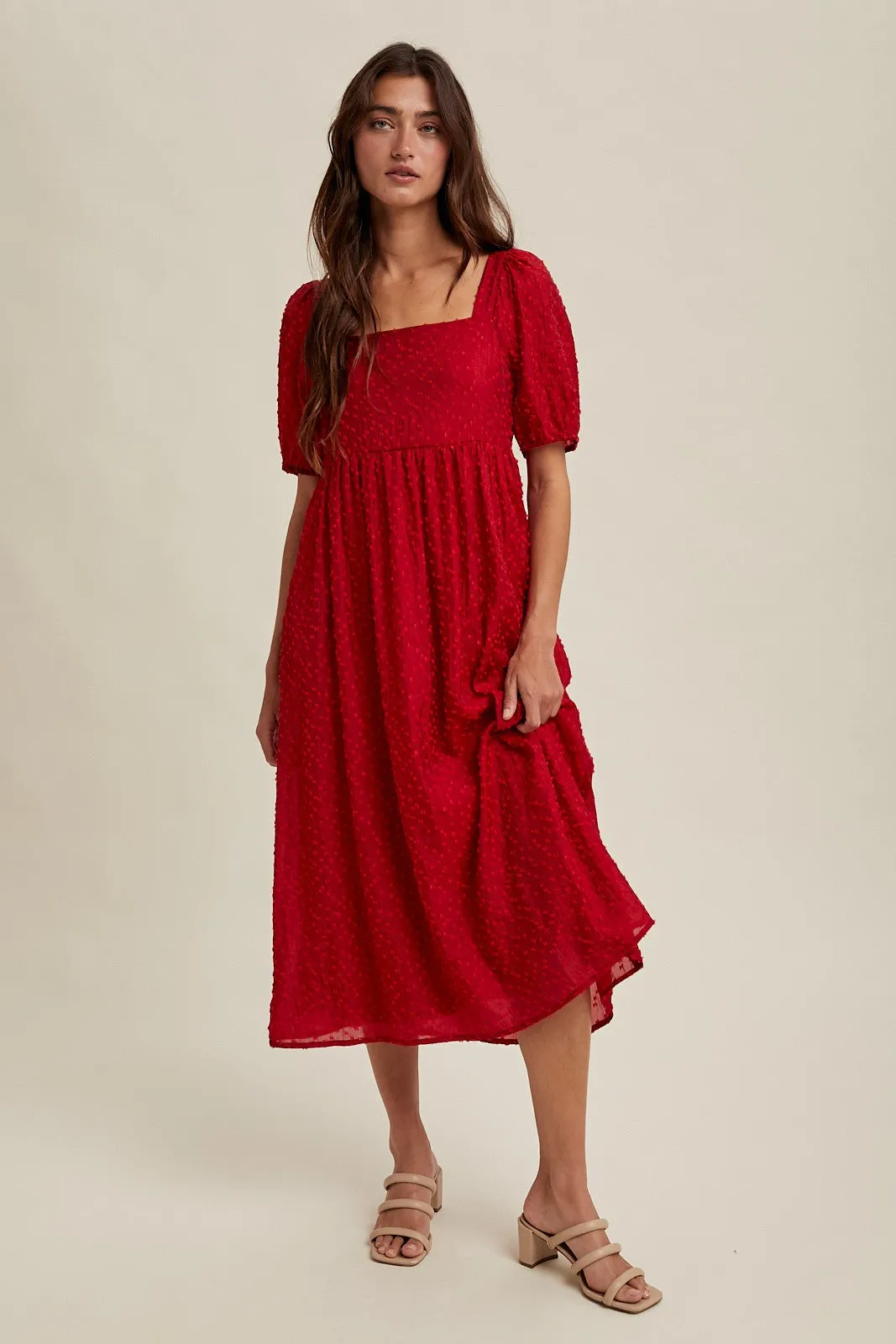 Red Swiss Dot Puff Sleeve Midi Dress sold by Pinkblush
