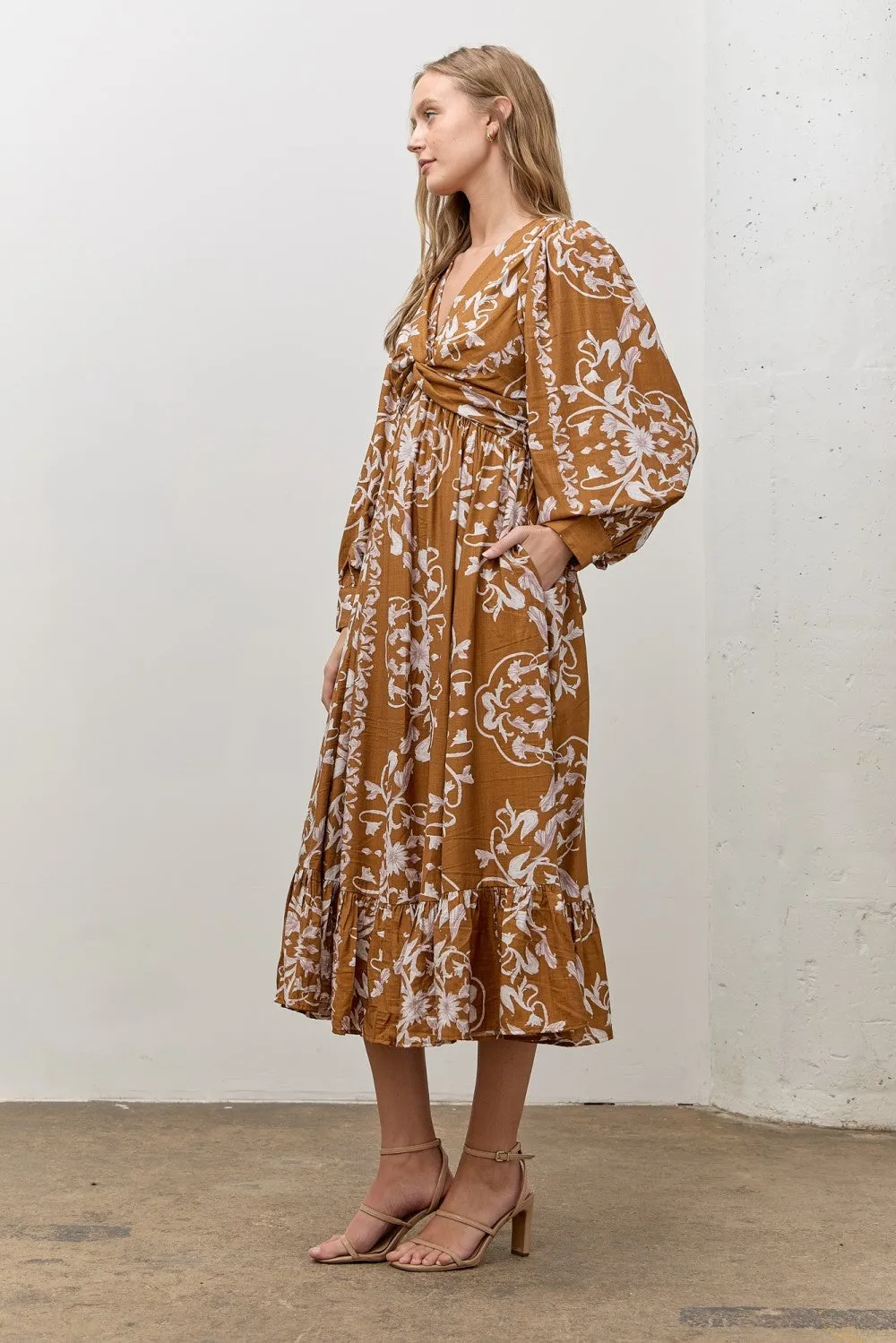 Camel Floral Twist Front Long Sleeve Midi Dress sold by Pinkblush product image thumbnail 2