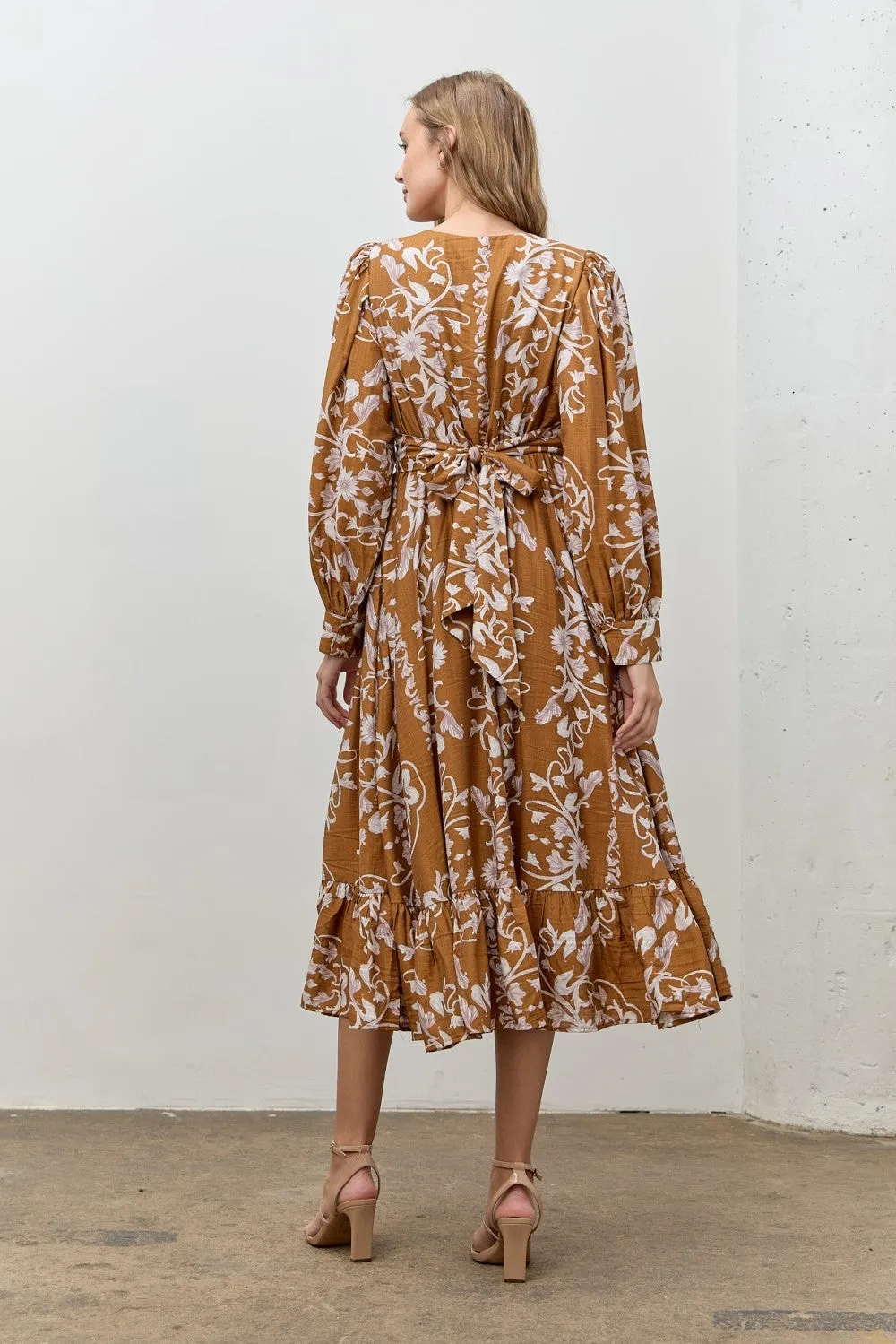 Camel Floral Twist Front Long Sleeve Midi Dress sold by Pinkblush product image thumbnail 3