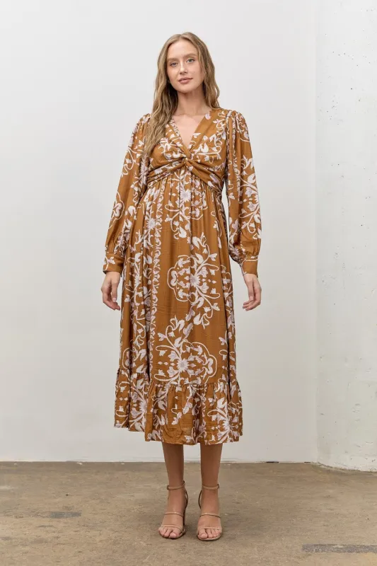 Camel Floral Twist Front Long Sleeve Midi Dress sold by Pinkblush