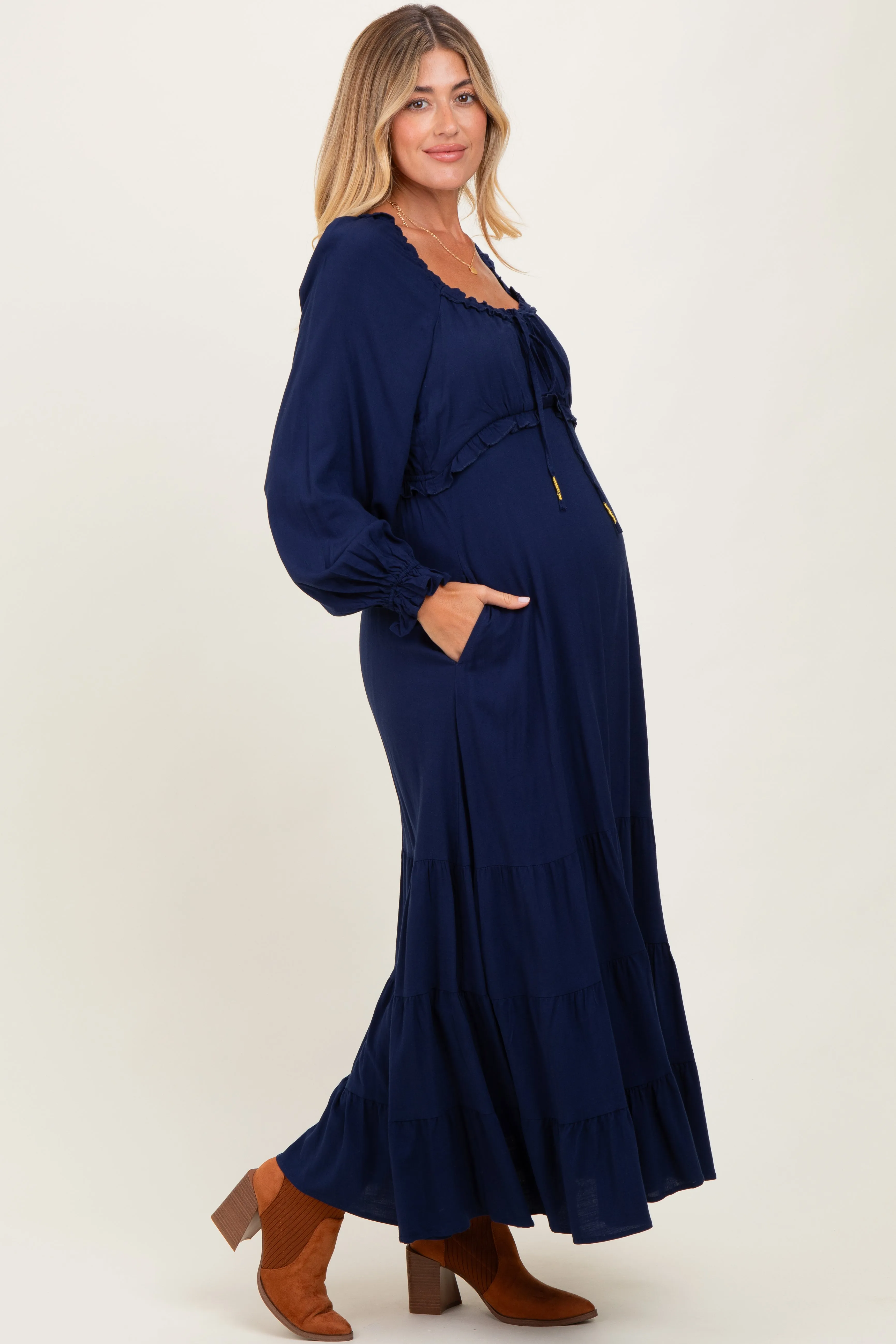Navy Ruffled Fit And Flare Maternity Maxi Dress sold by Pinkblush product image thumbnail 3