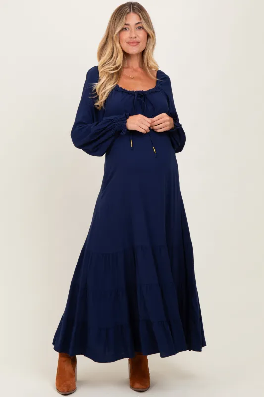 Navy Ruffled Fit And Flare Maternity Maxi Dress sold by Pinkblush