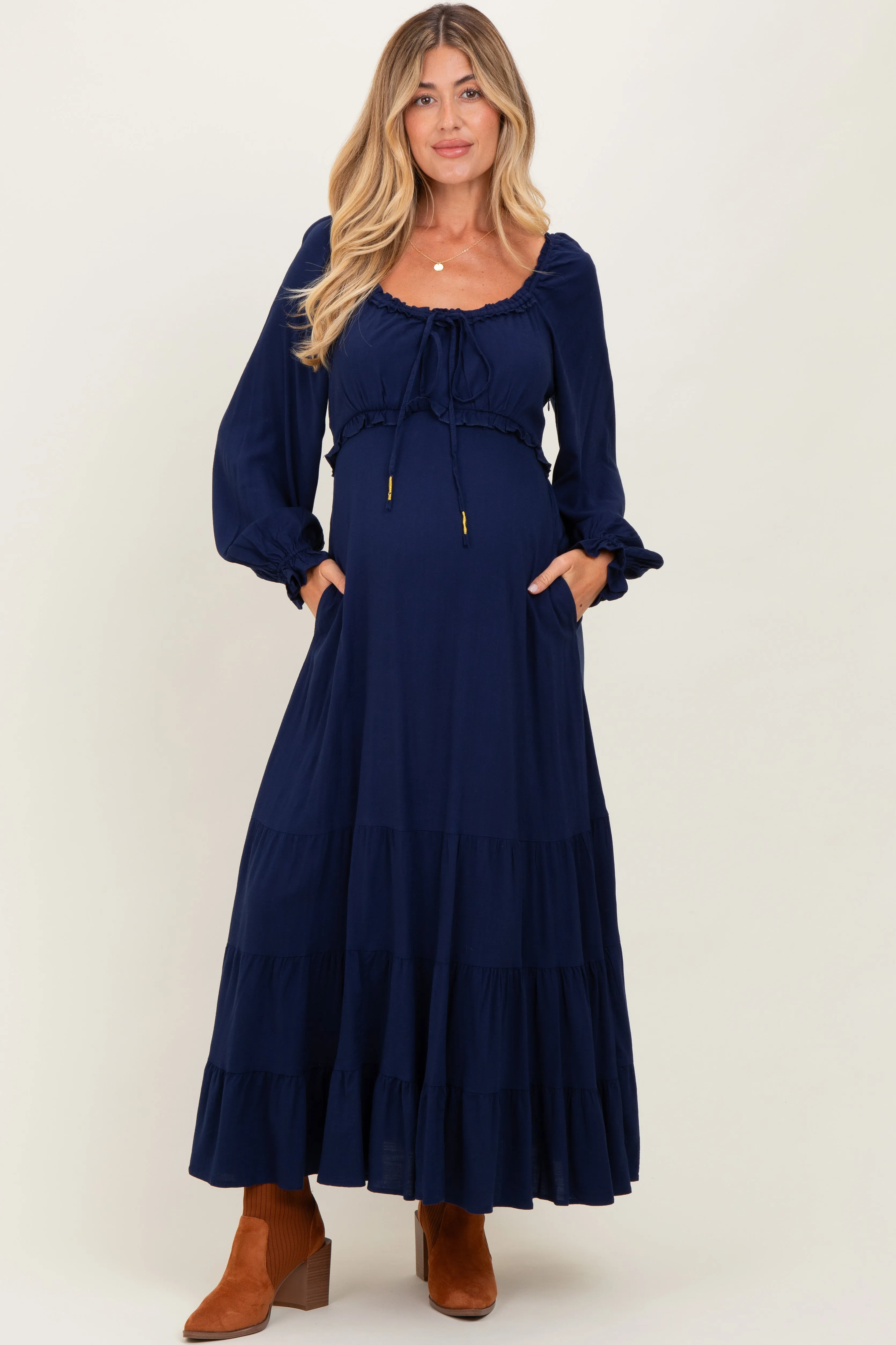 Navy Ruffled Fit And Flare Maternity Maxi Dress sold by Pinkblush product image thumbnail 2