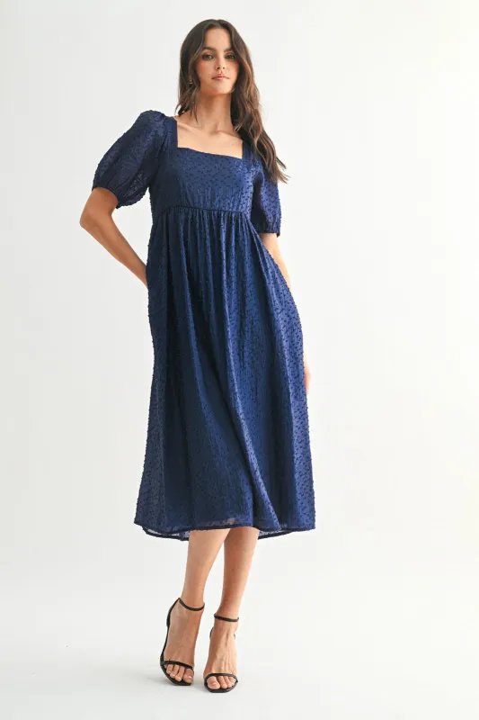 Navy Swiss Dot Puff Sleeve Midi Dress sold by Pinkblush