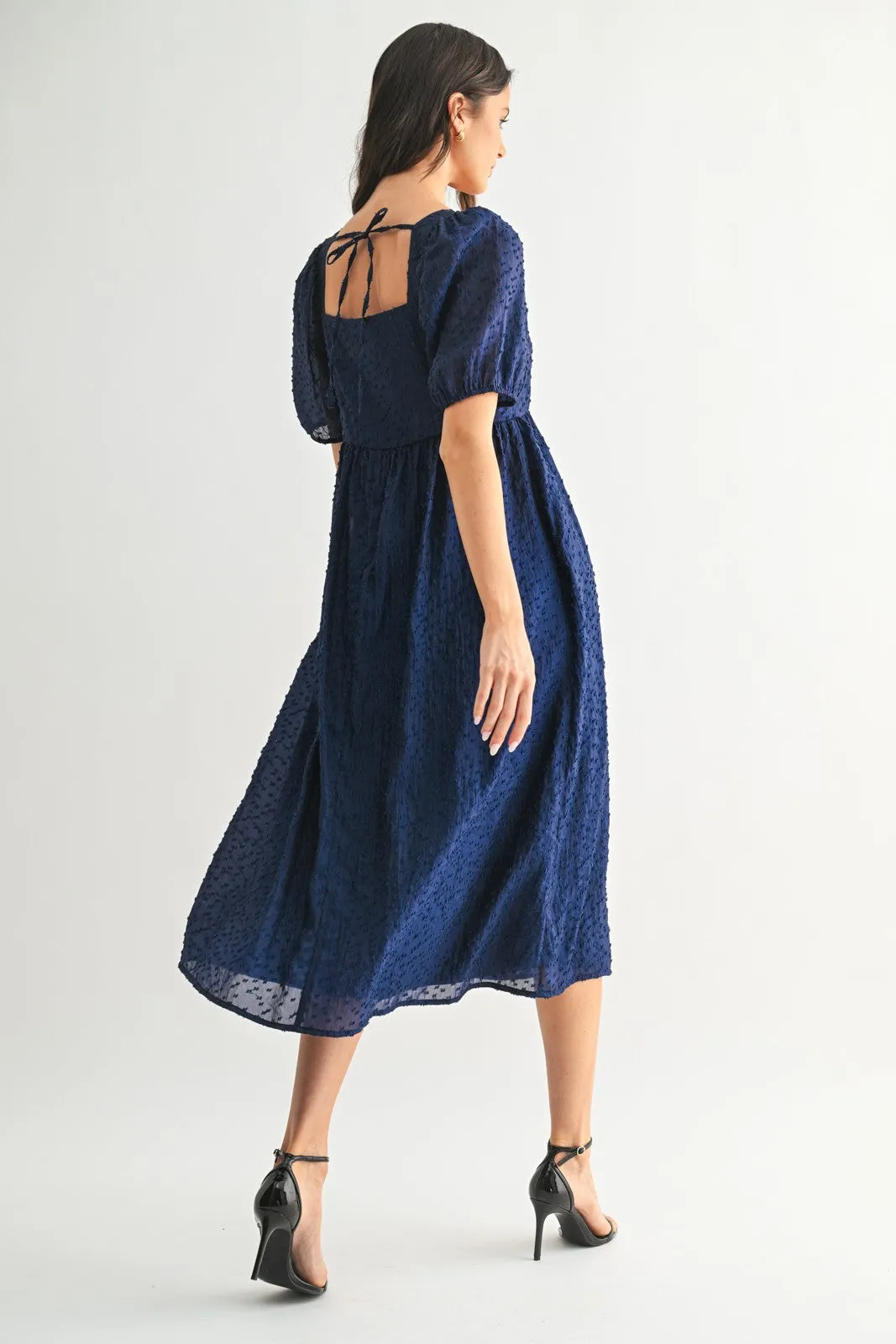 Navy Swiss Dot Puff Sleeve Midi Dress sold by Pinkblush product image thumbnail 3