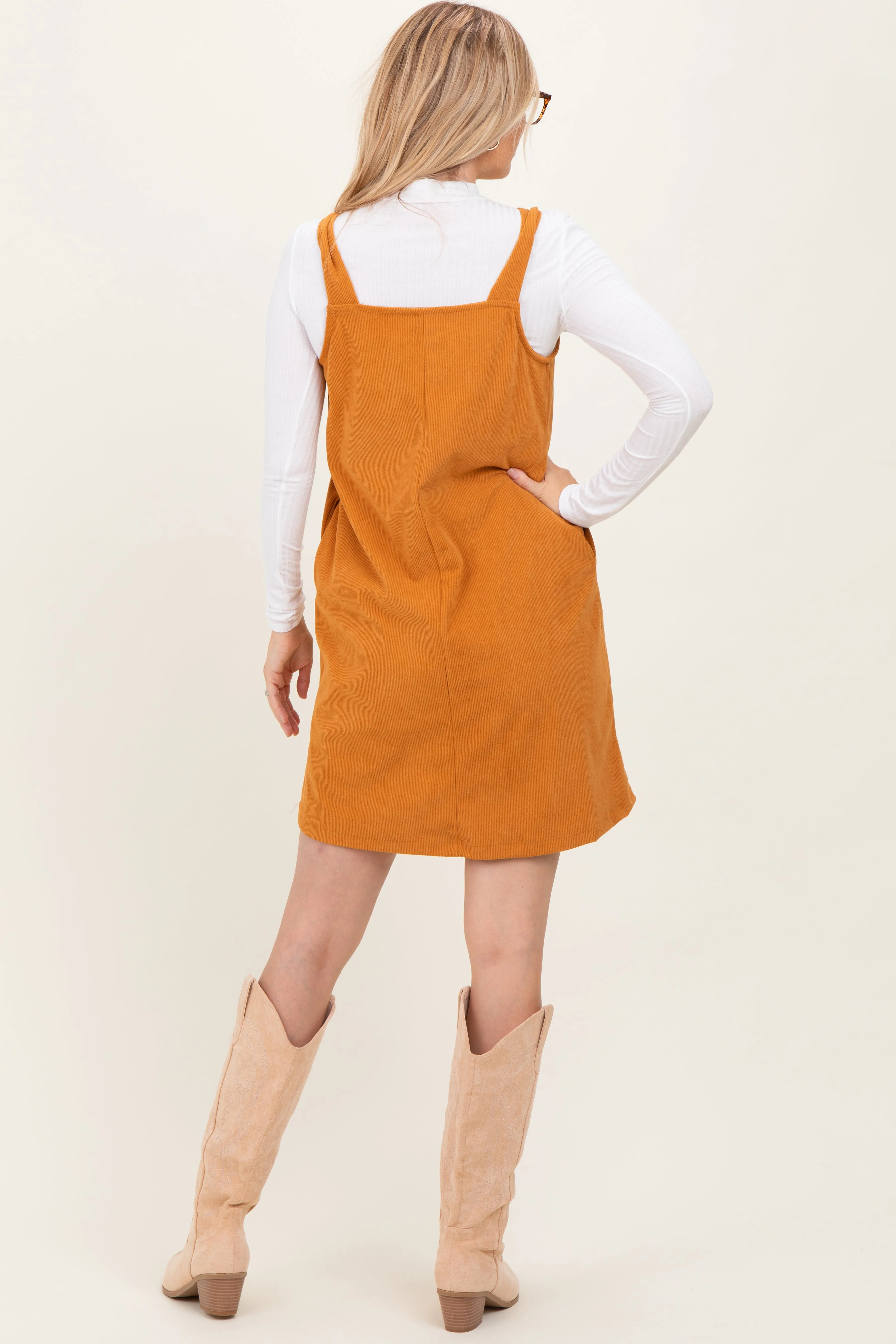 Mustard Solid Corduroy V-Neck A-Line Mini Dress sold by Pinkblush product image thumbnail 4