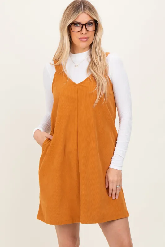 Mustard Solid Corduroy V-Neck A-Line Mini Dress sold by Pinkblush
