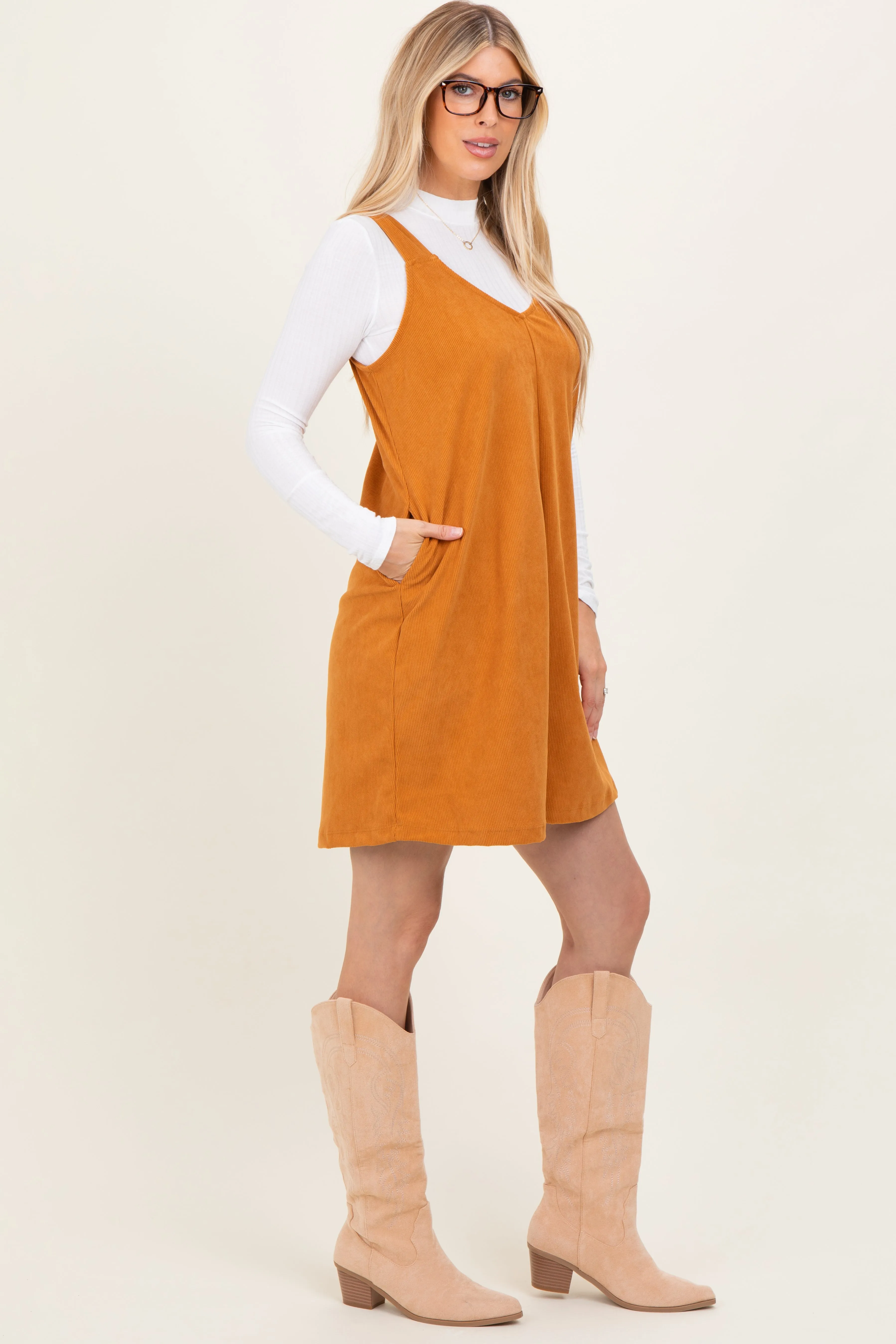 Mustard Solid Corduroy V-Neck A-Line Mini Dress sold by Pinkblush product image thumbnail 2