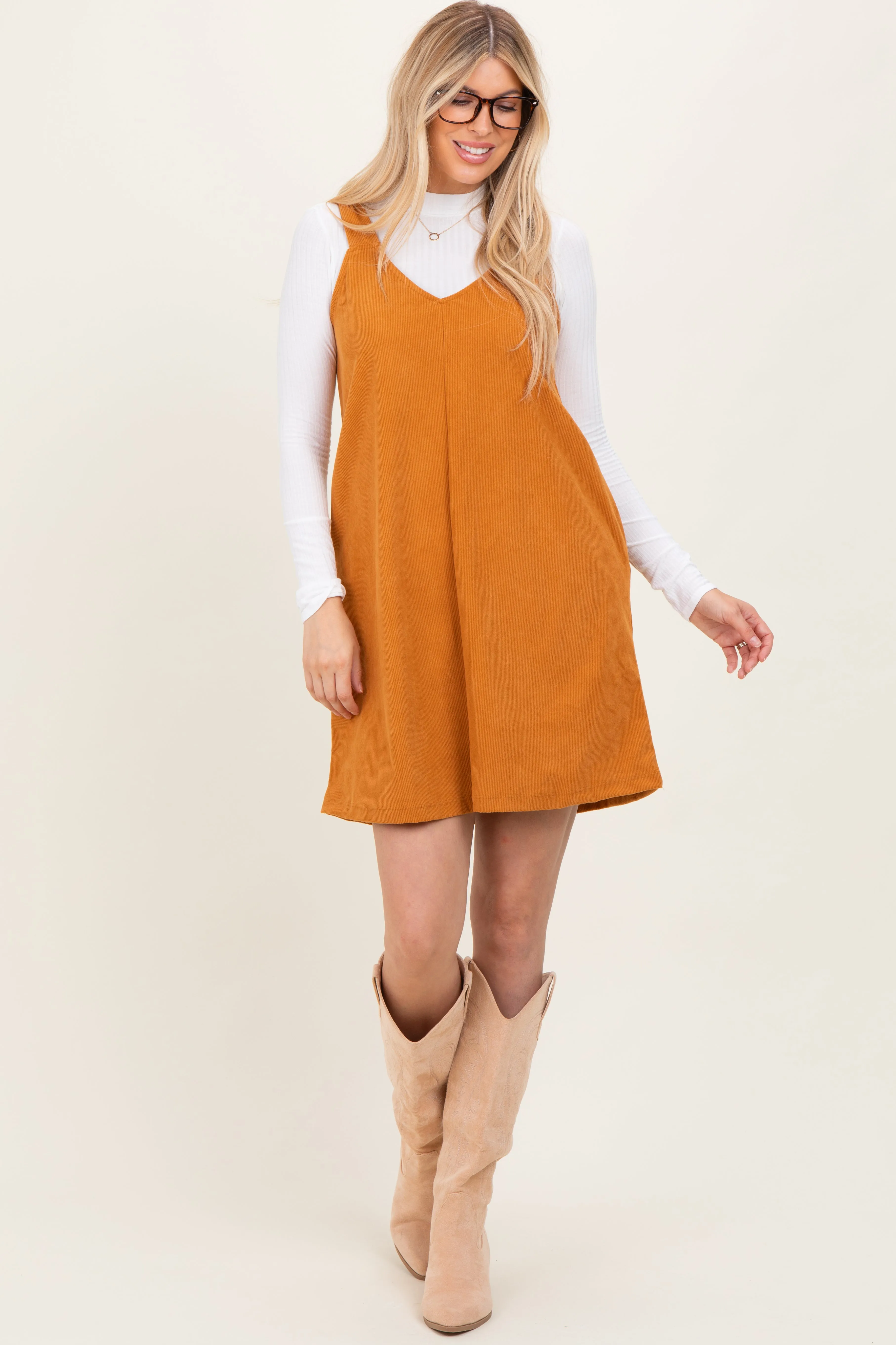 Mustard Solid Corduroy V-Neck A-Line Mini Dress sold by Pinkblush product image thumbnail 3