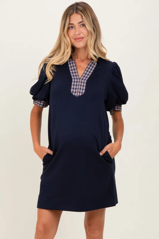 Navy Plaid Accent Puff Sleeve Maternity Mini Dress sold by Pinkblush