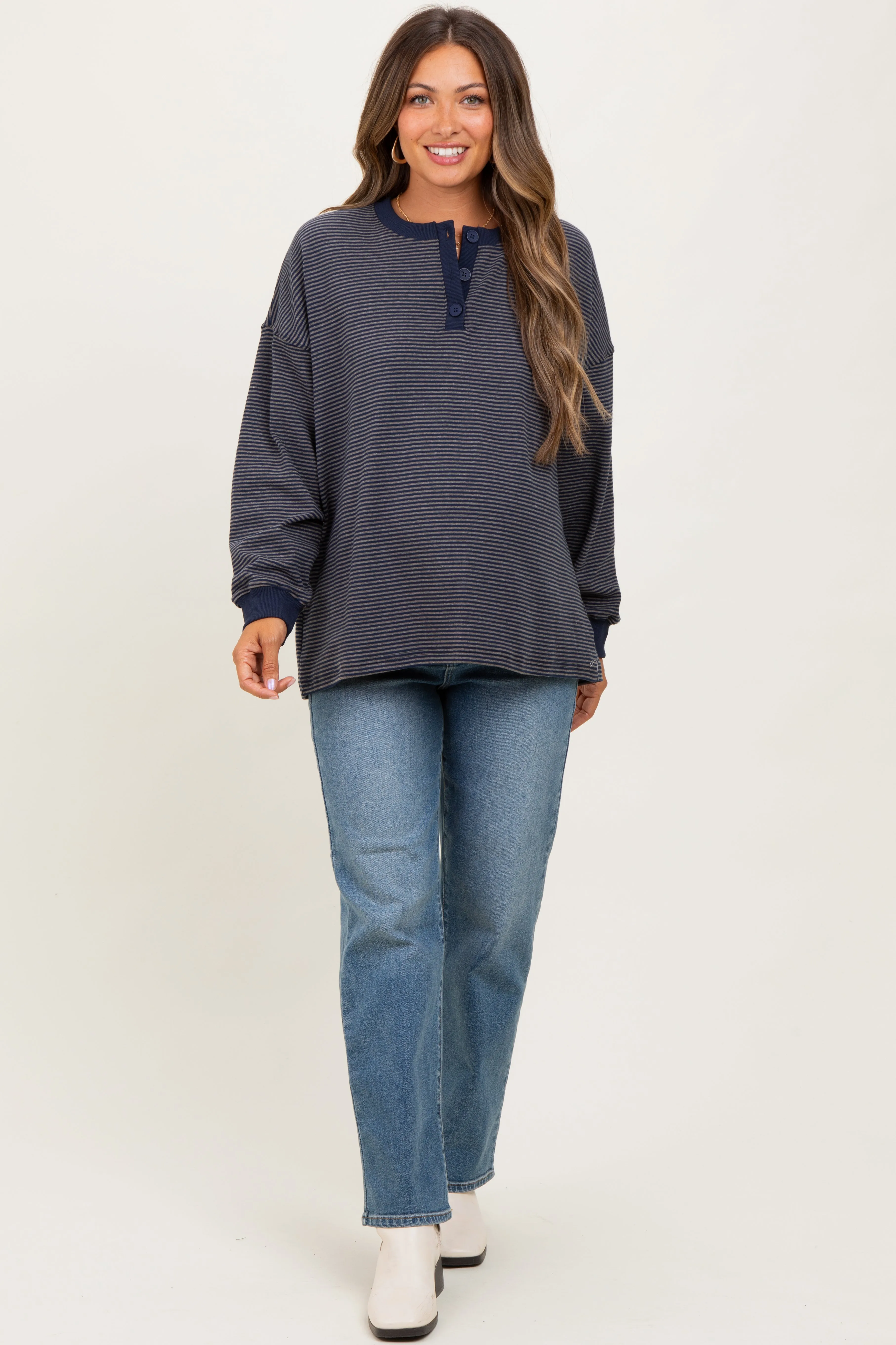 Navy Striped Oversized Button Up Maternity Pullover Top sold by Pinkblush product image thumbnail 2