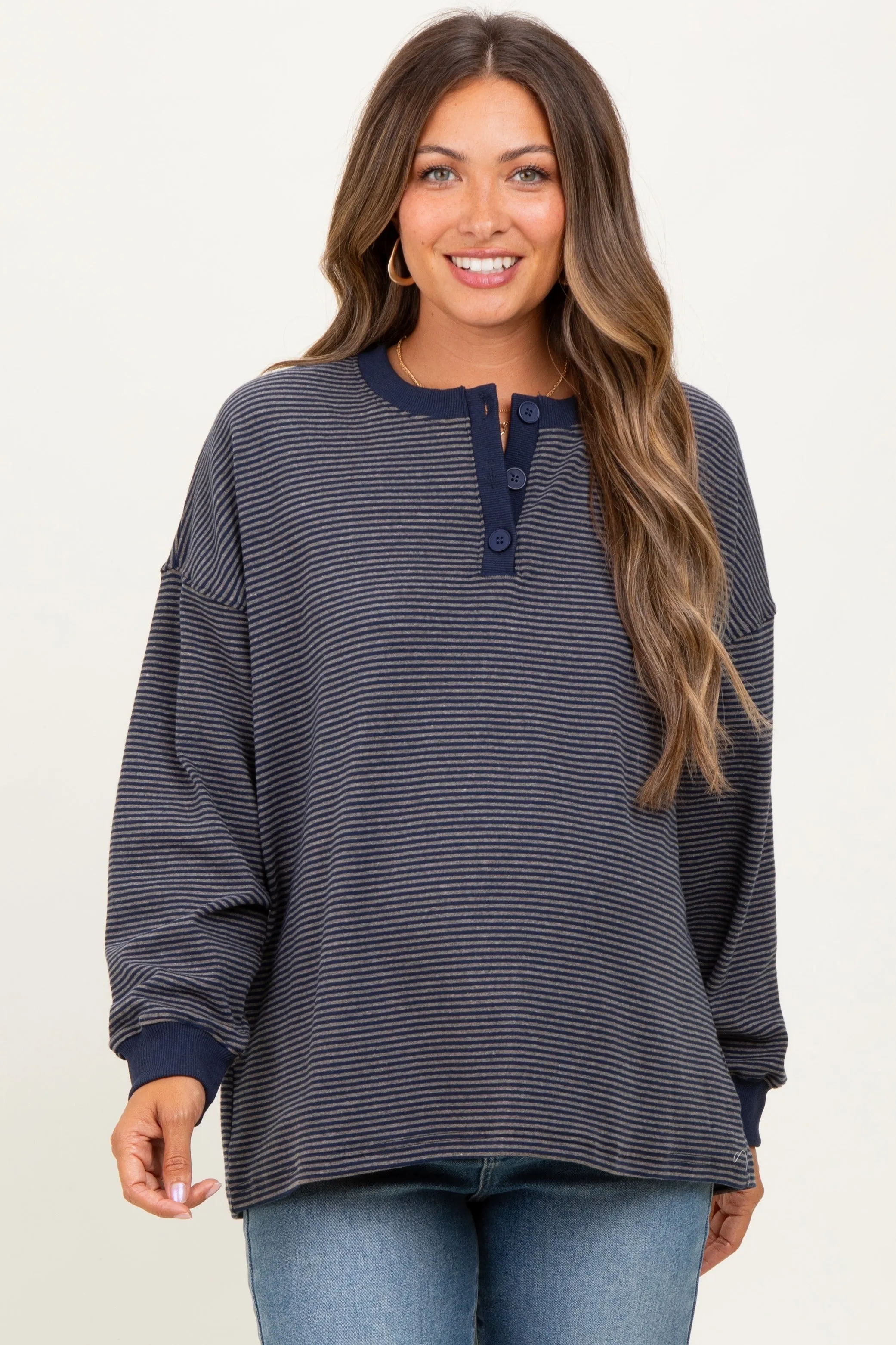 Navy Striped Oversized Button Up Maternity Pullover Top sold by Pinkblush