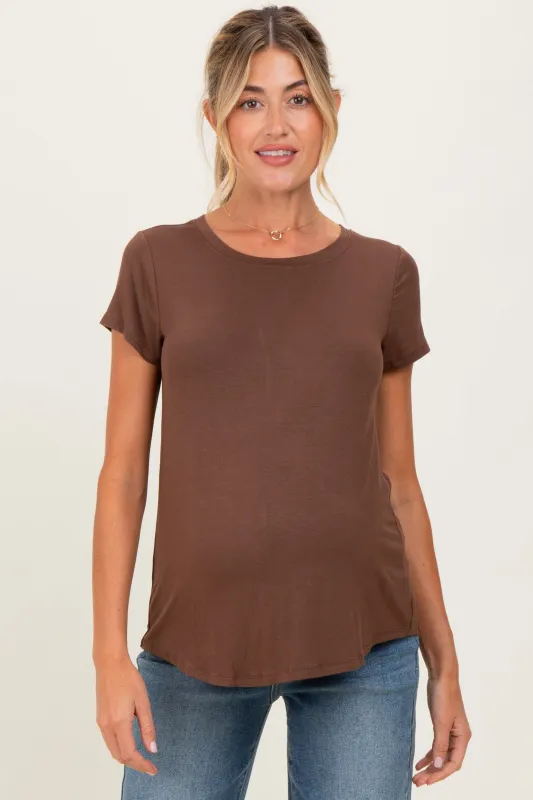Brown Basic Short Sleeve Maternity Top sold by Pinkblush