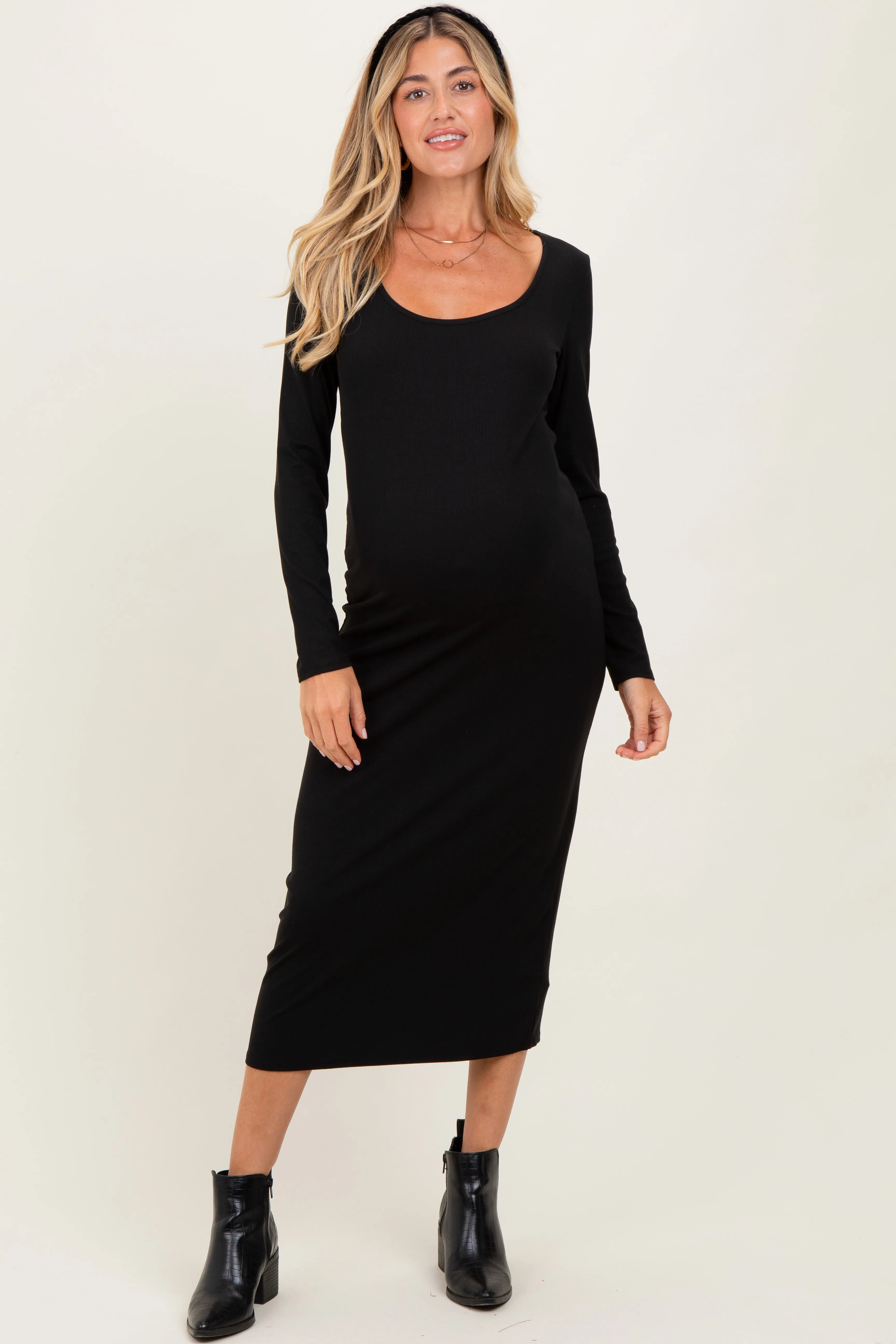 Black Scoop Neck Long Sleeve Maternity Midi Dress sold by Pinkblush