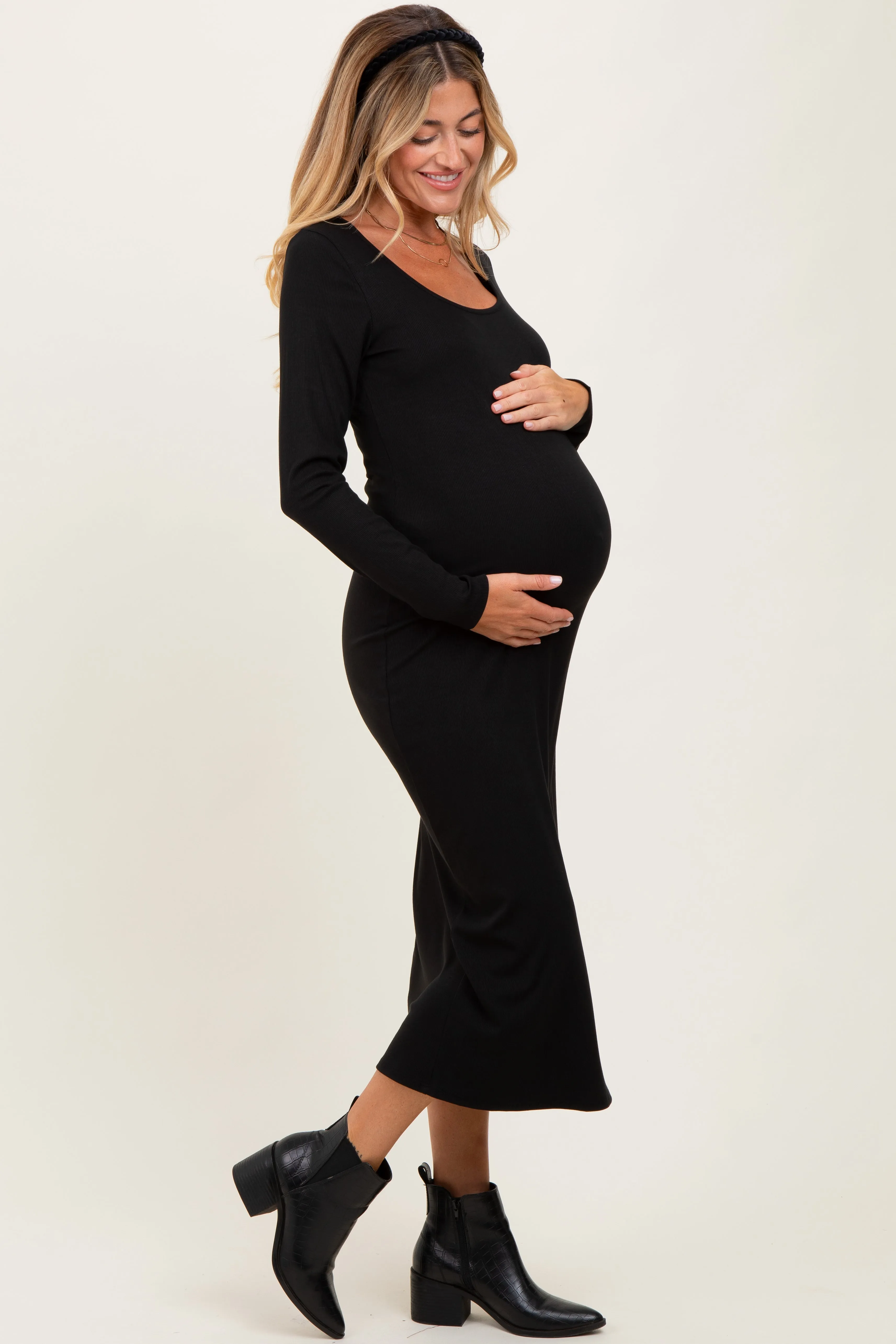 Black Scoop Neck Long Sleeve Maternity Midi Dress sold by Pinkblush product image thumbnail 2