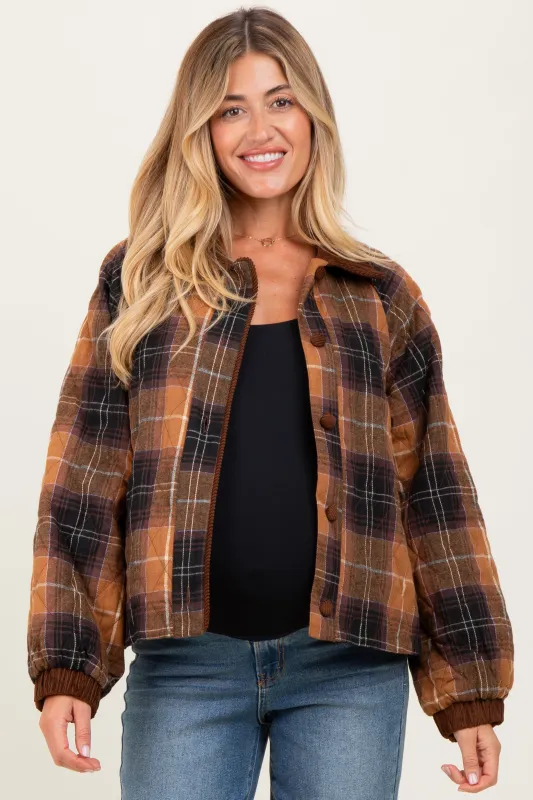 Brown Plaid Quilted Corduroy Contrast Maternity Jacket sold by Pinkblush