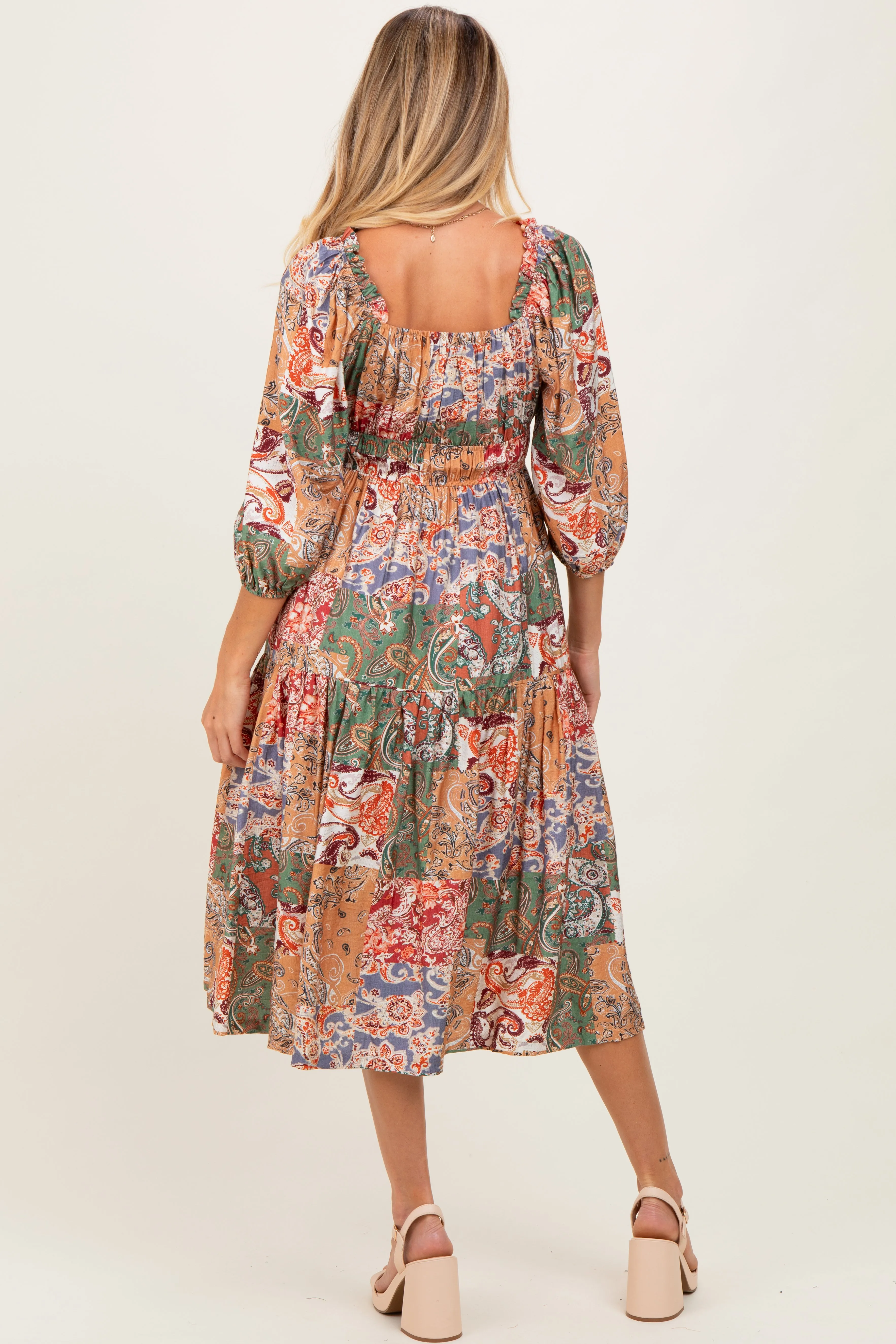 Multicolor Floral Paisley Patchwork 3/4 Sleeve Maternity Midi Dress sold by Pinkblush product image thumbnail 4