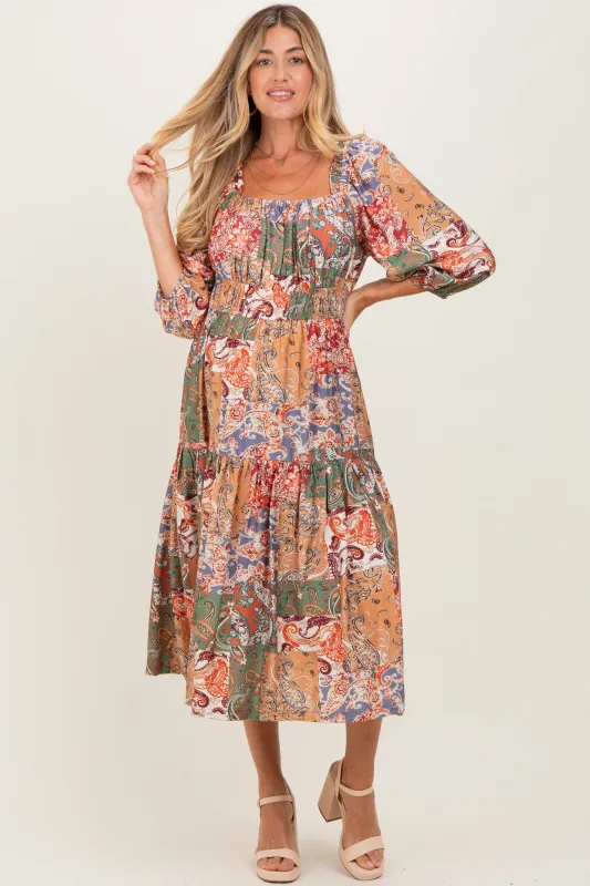 Multicolor Floral Paisley Patchwork 3/4 Sleeve Maternity Midi Dress sold by Pinkblush