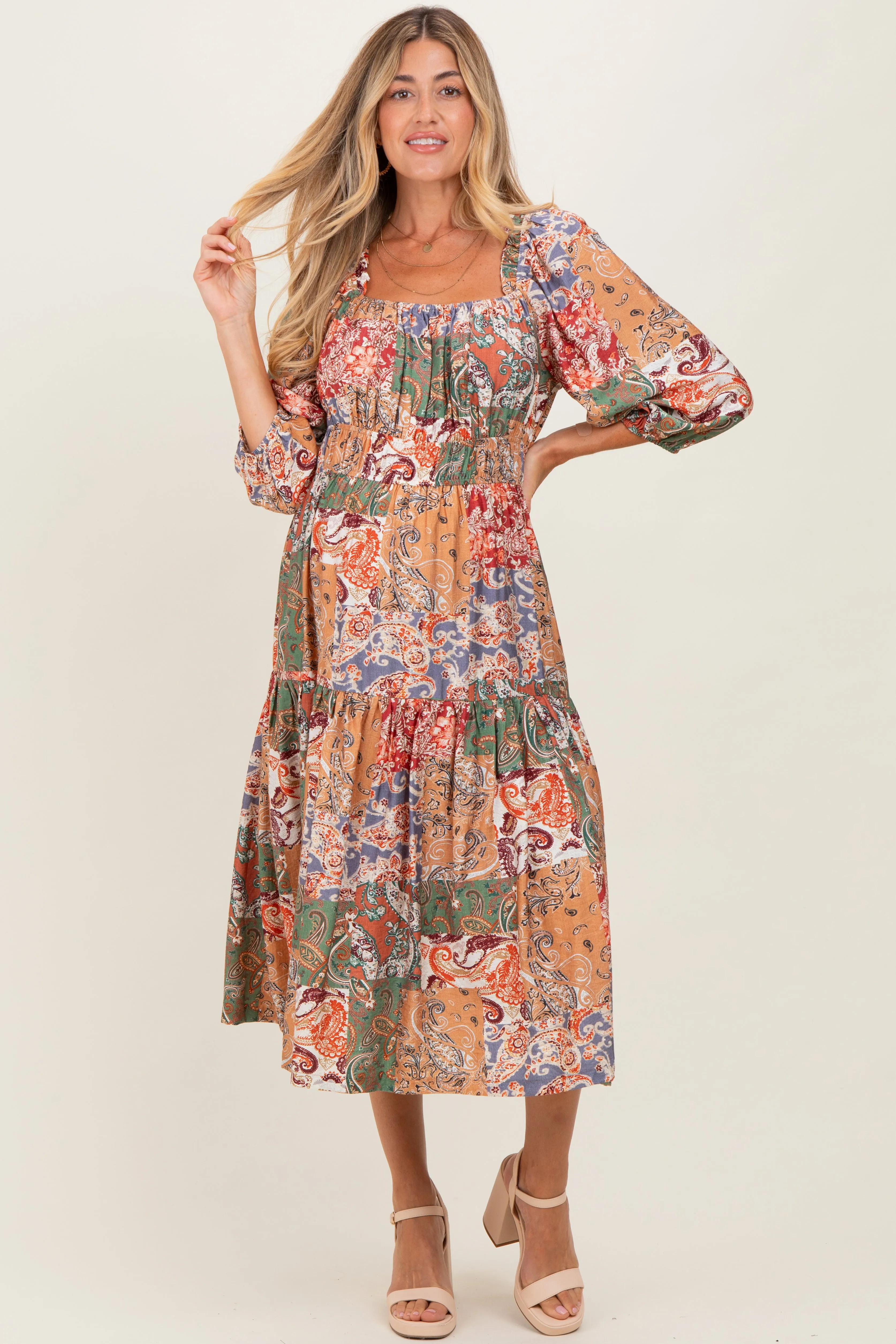 Multicolor Floral Paisley Patchwork 3/4 Sleeve Maternity Midi Dress sold by Pinkblush