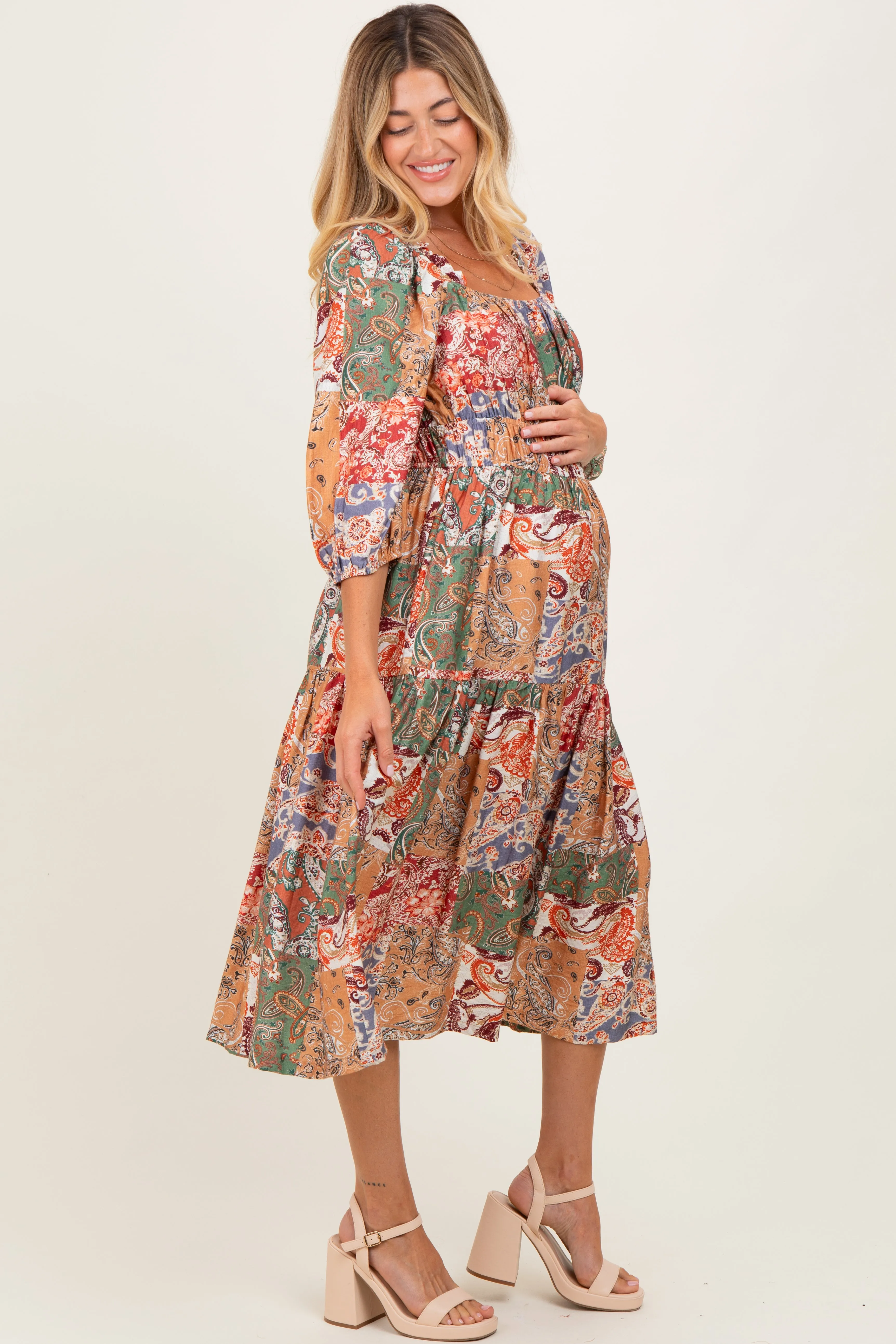 Multicolor Floral Paisley Patchwork 3/4 Sleeve Maternity Midi Dress sold by Pinkblush product image thumbnail 3