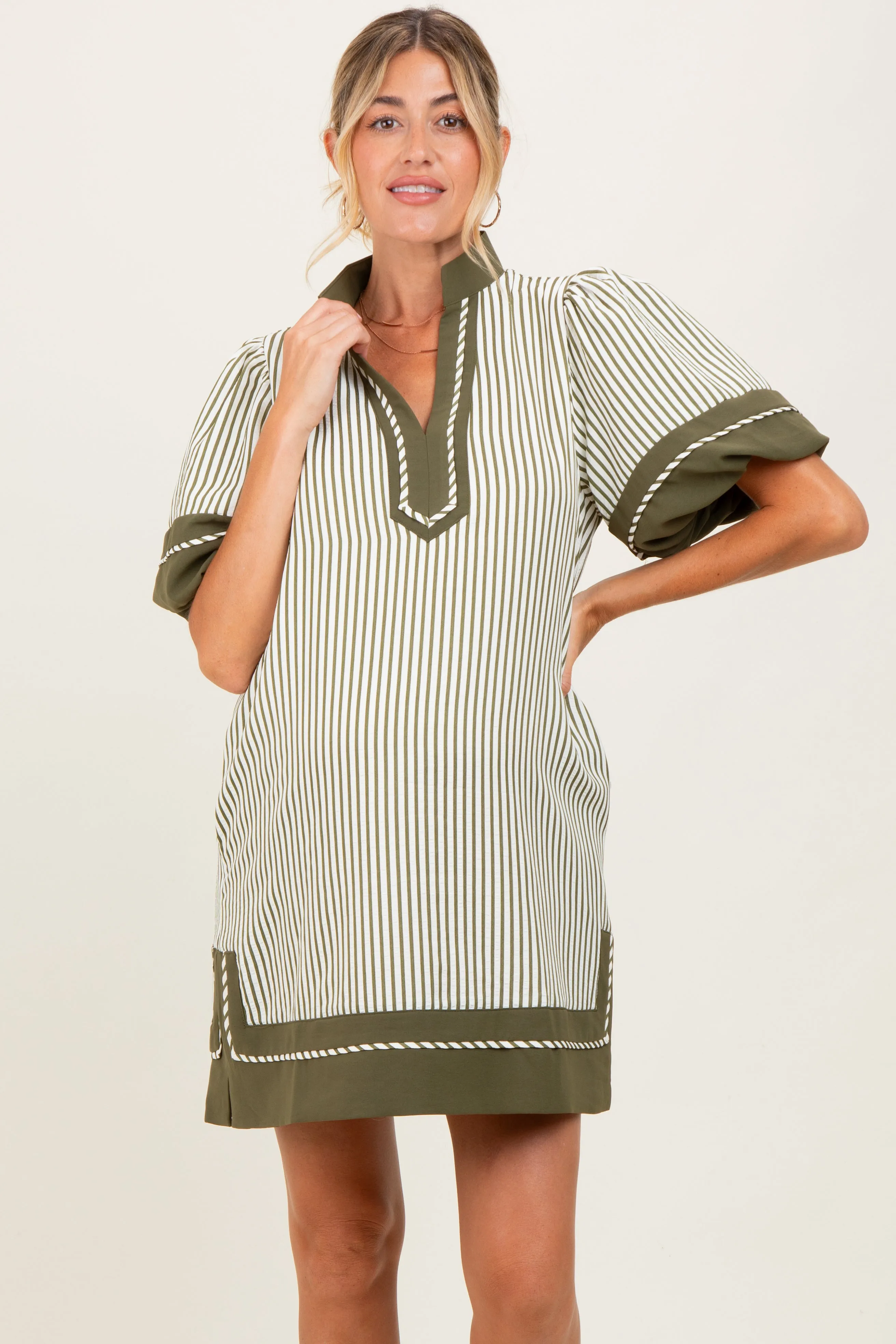 Olive Striped Contrast Border Maternity Mini Dress sold by Pinkblush product image thumbnail 2